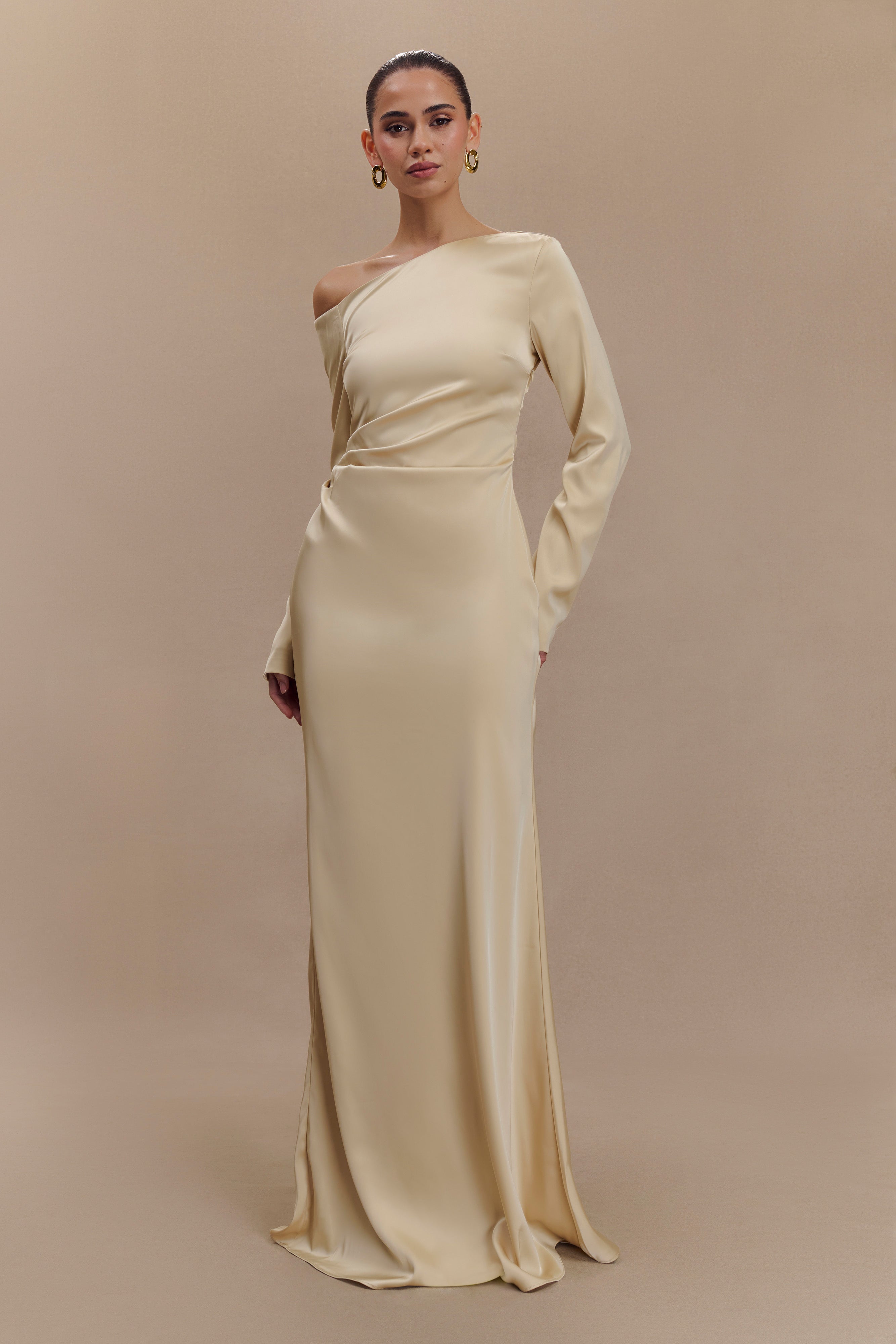 Elegant Long Sleeve Maxi Dress with Asymmetrical Neckline | Avery Gold