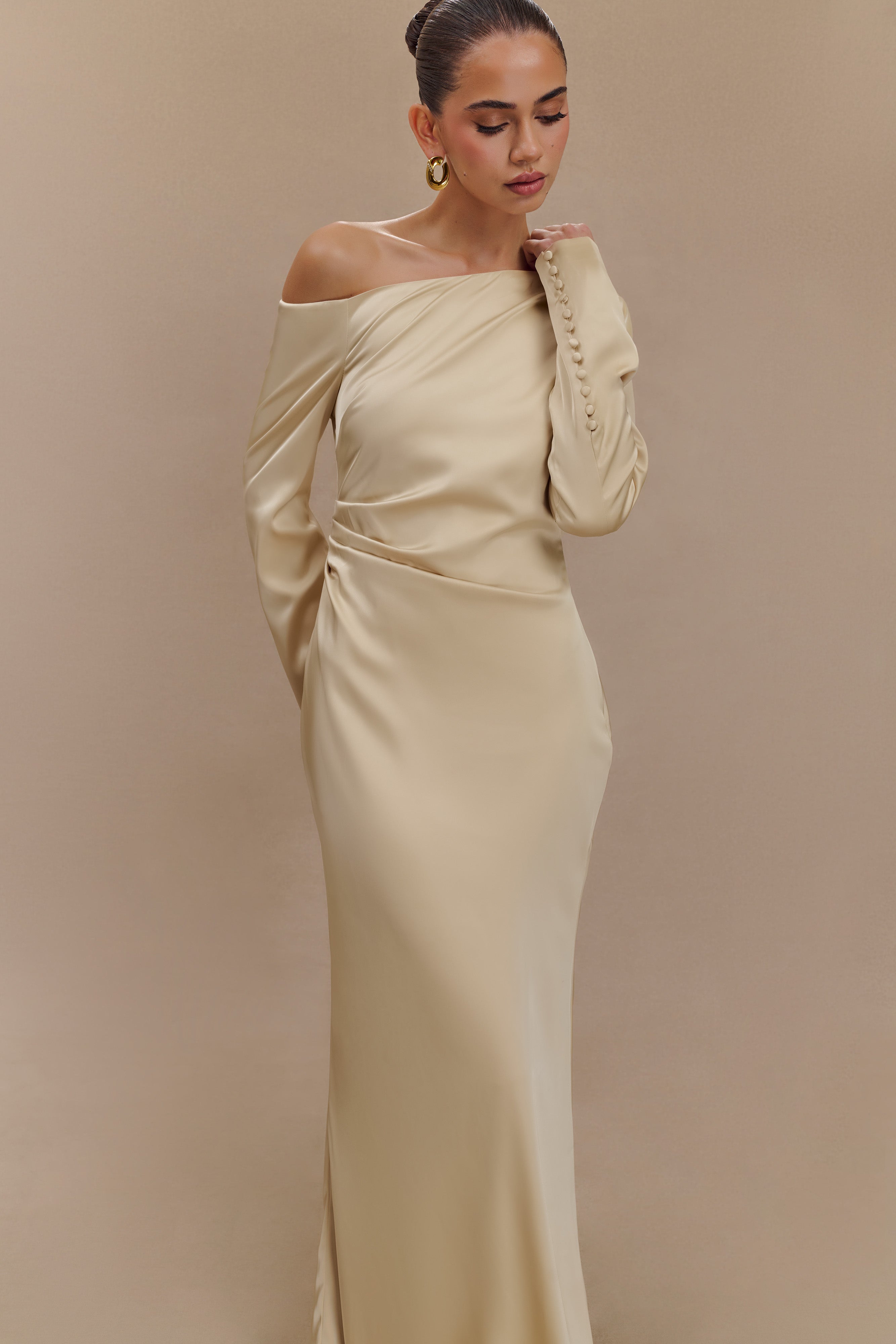Elegant Long Sleeve Maxi Dress with Asymmetrical Neckline | Avery Gold
