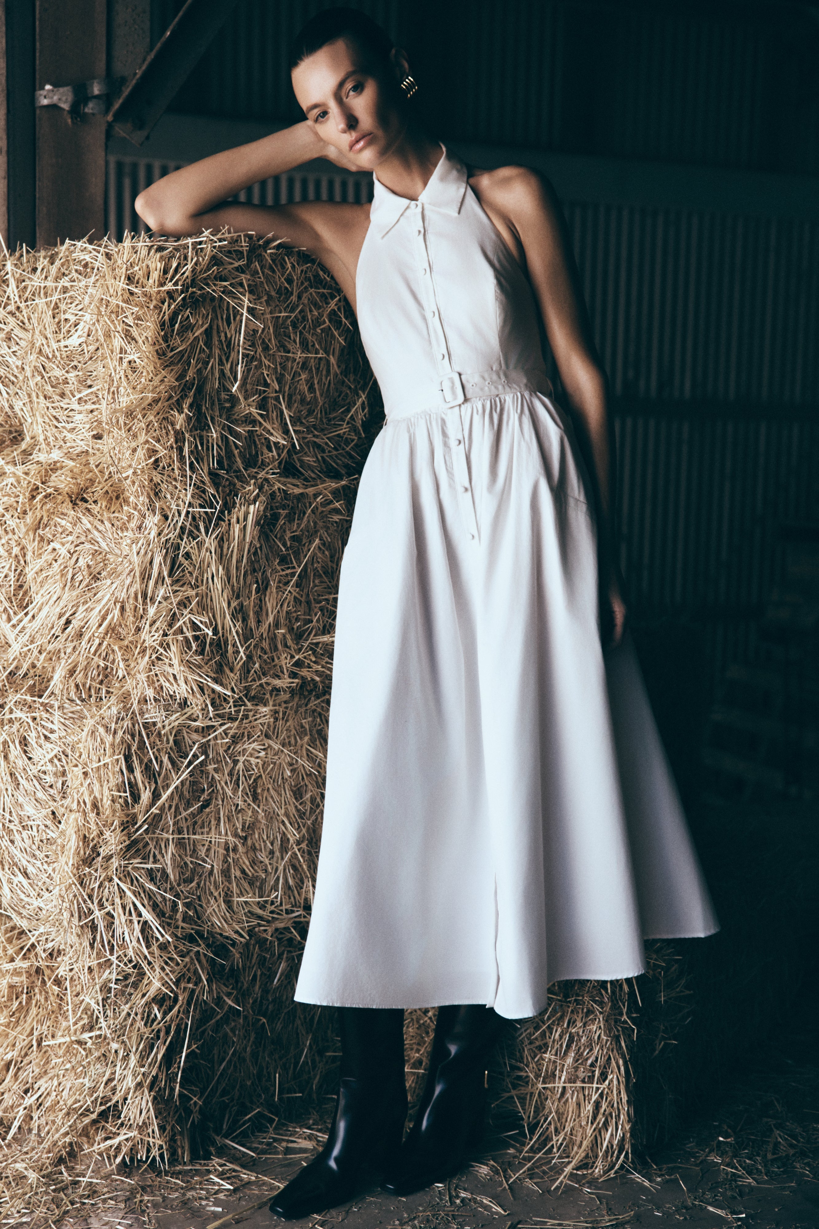 White Collared Midi Dress with Halter Neck & Belt | Cindy