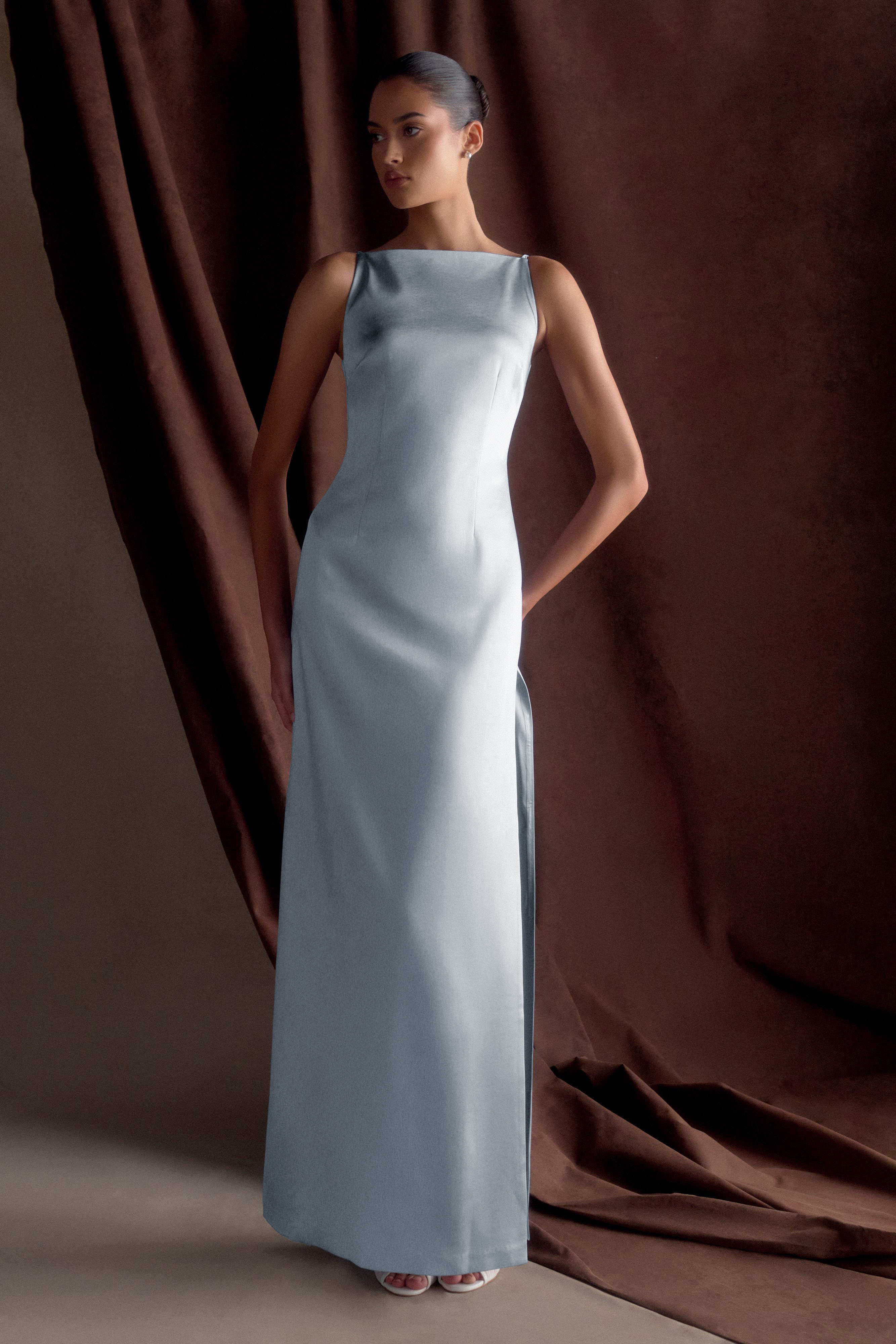 Sleeveless Satin Maxi Dress with Side Split for Formal Occasions | Violet