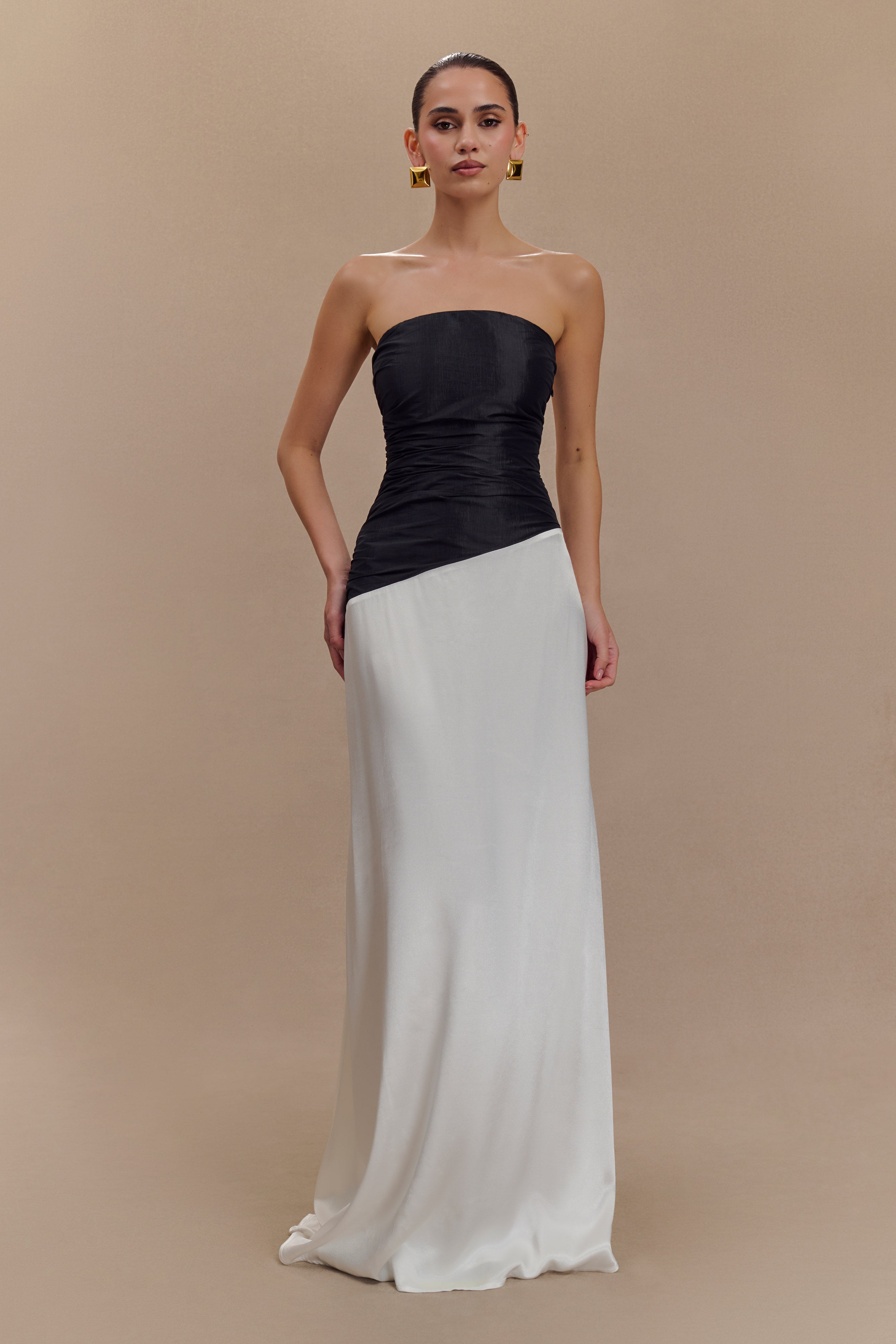 Strapless Taffeta Maxi Dress with Corset Back | Serena White/Black