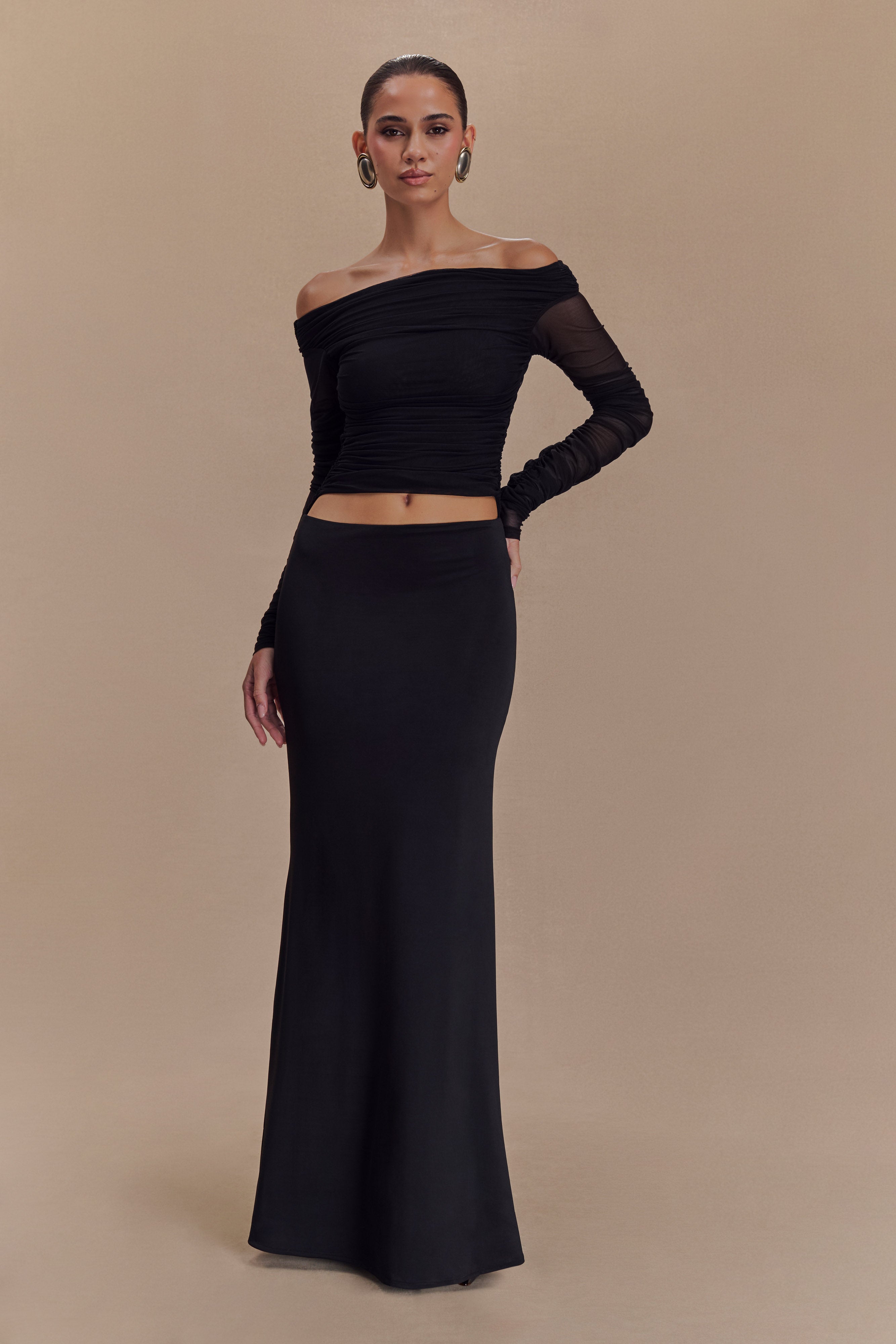 Off-Shoulder Mesh Maxi Dress with Waist Cutout | Darla Black