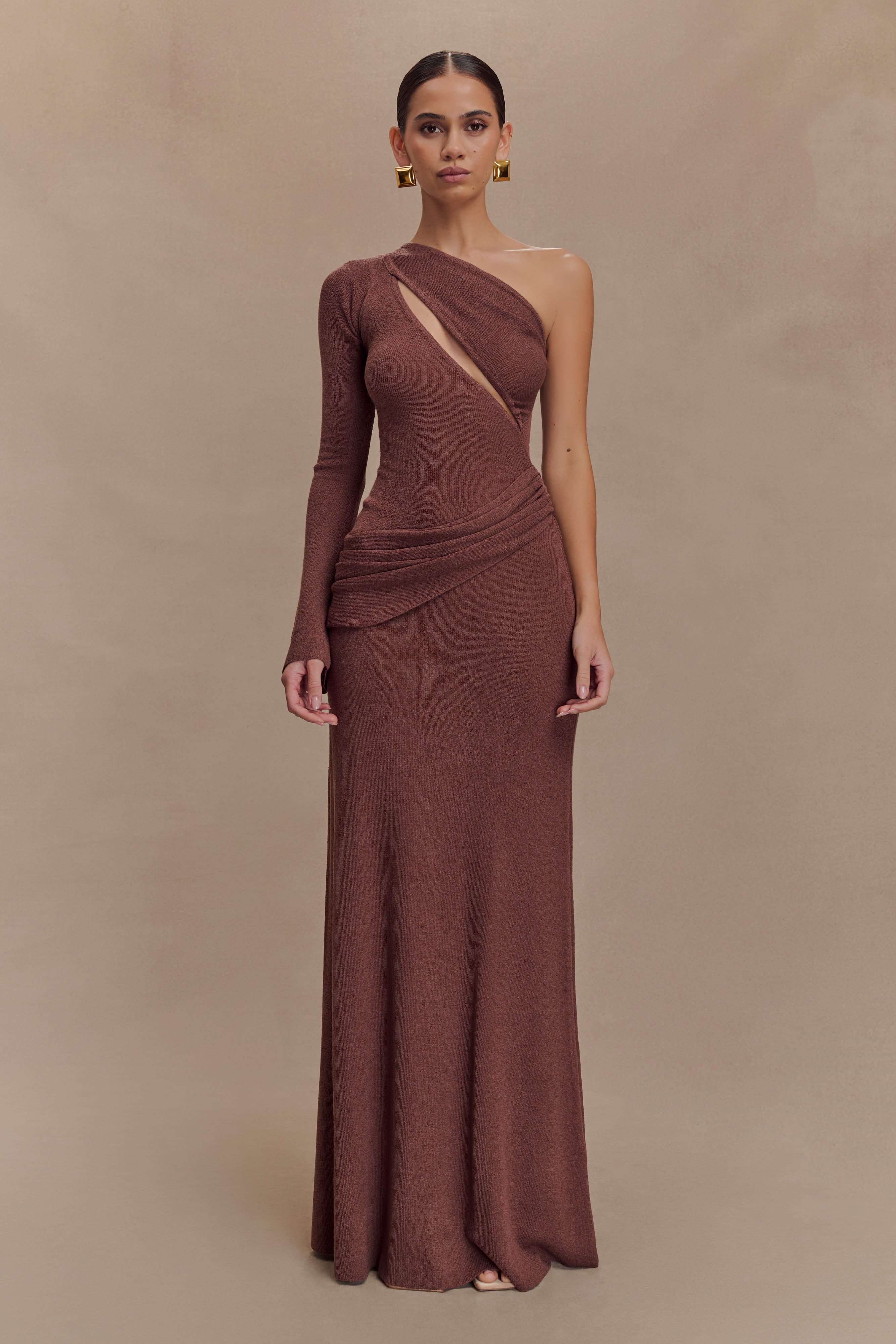 One Shoulder Knit Maxi Dress with Bust Cutout | Alexius Nutmeg