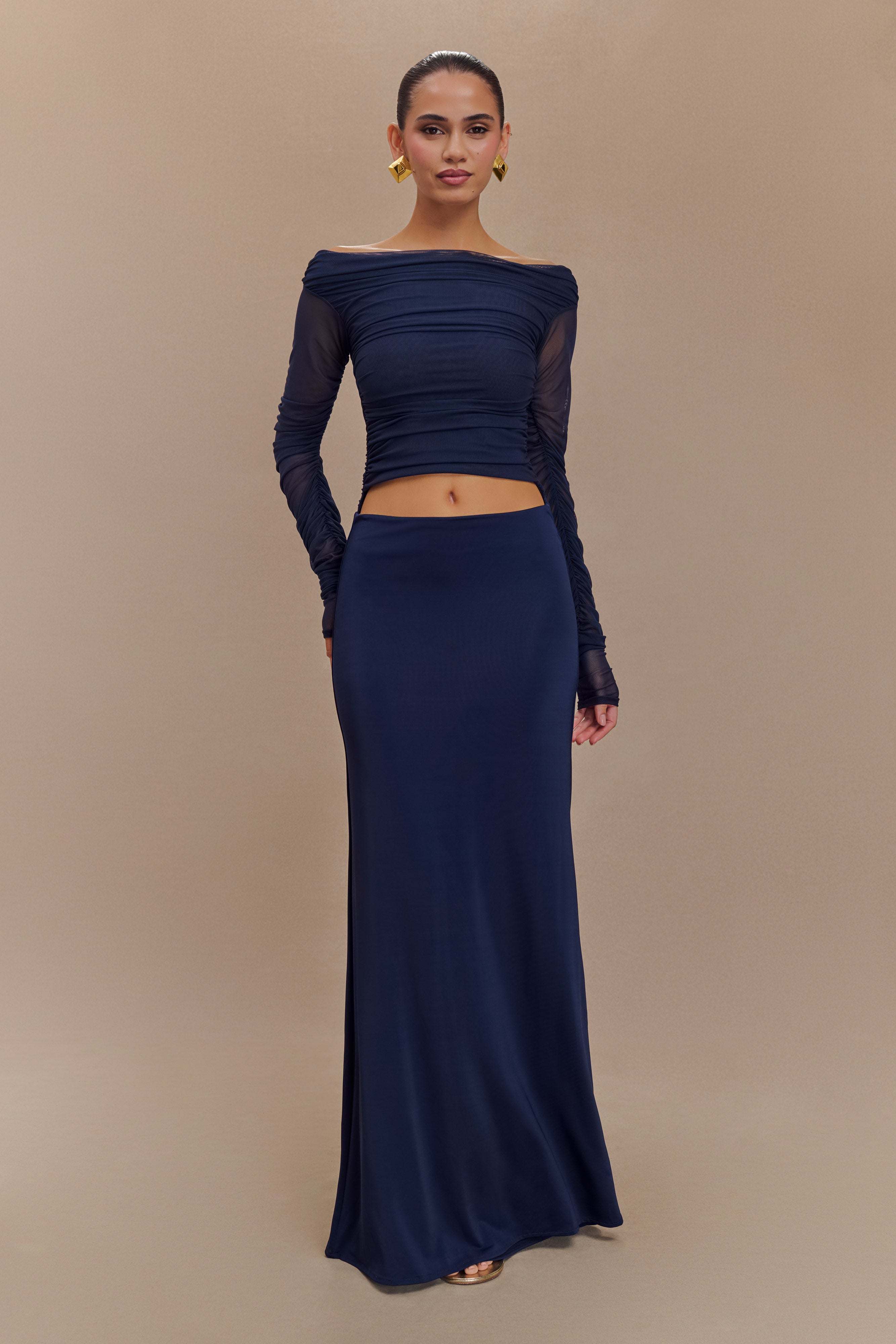 Off-Shoulder Mesh Maxi Dress with Waist Cutout | Darla Dark Navy