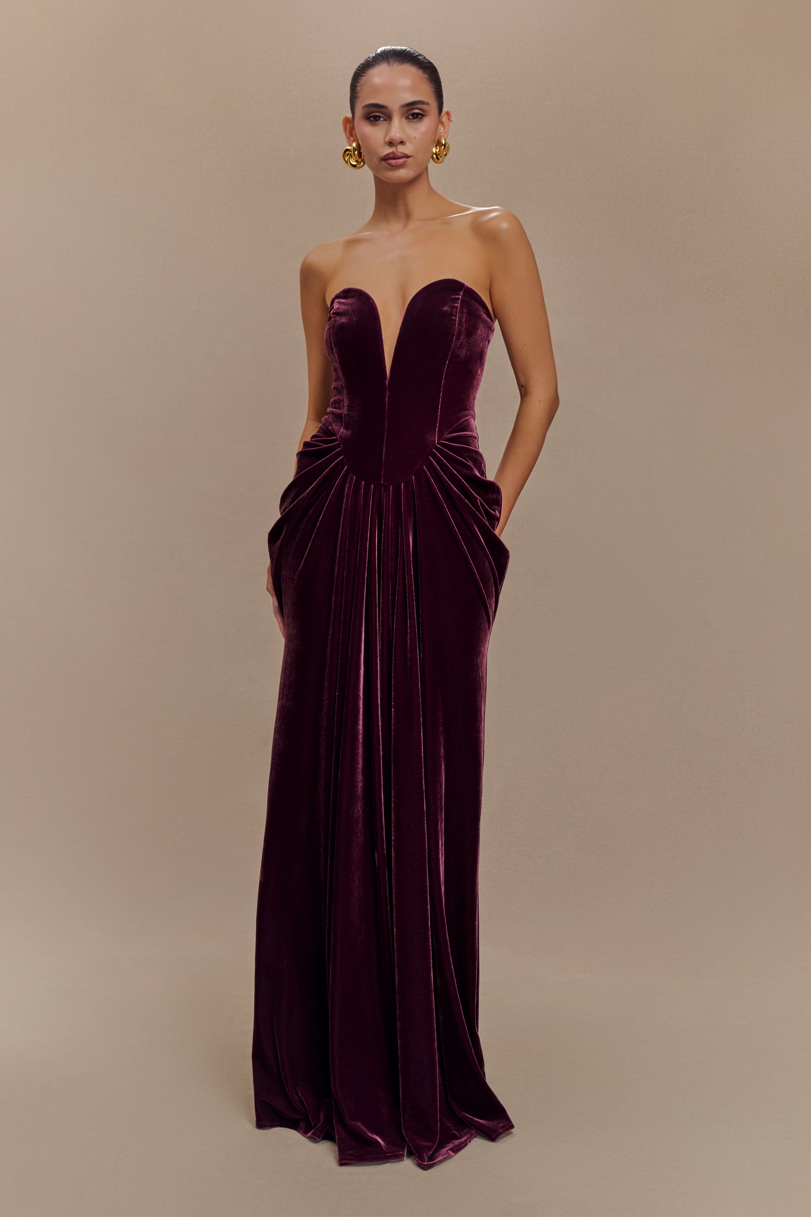 Strapless Velvet Maxi Dress with Corset Waist | Paige Plum