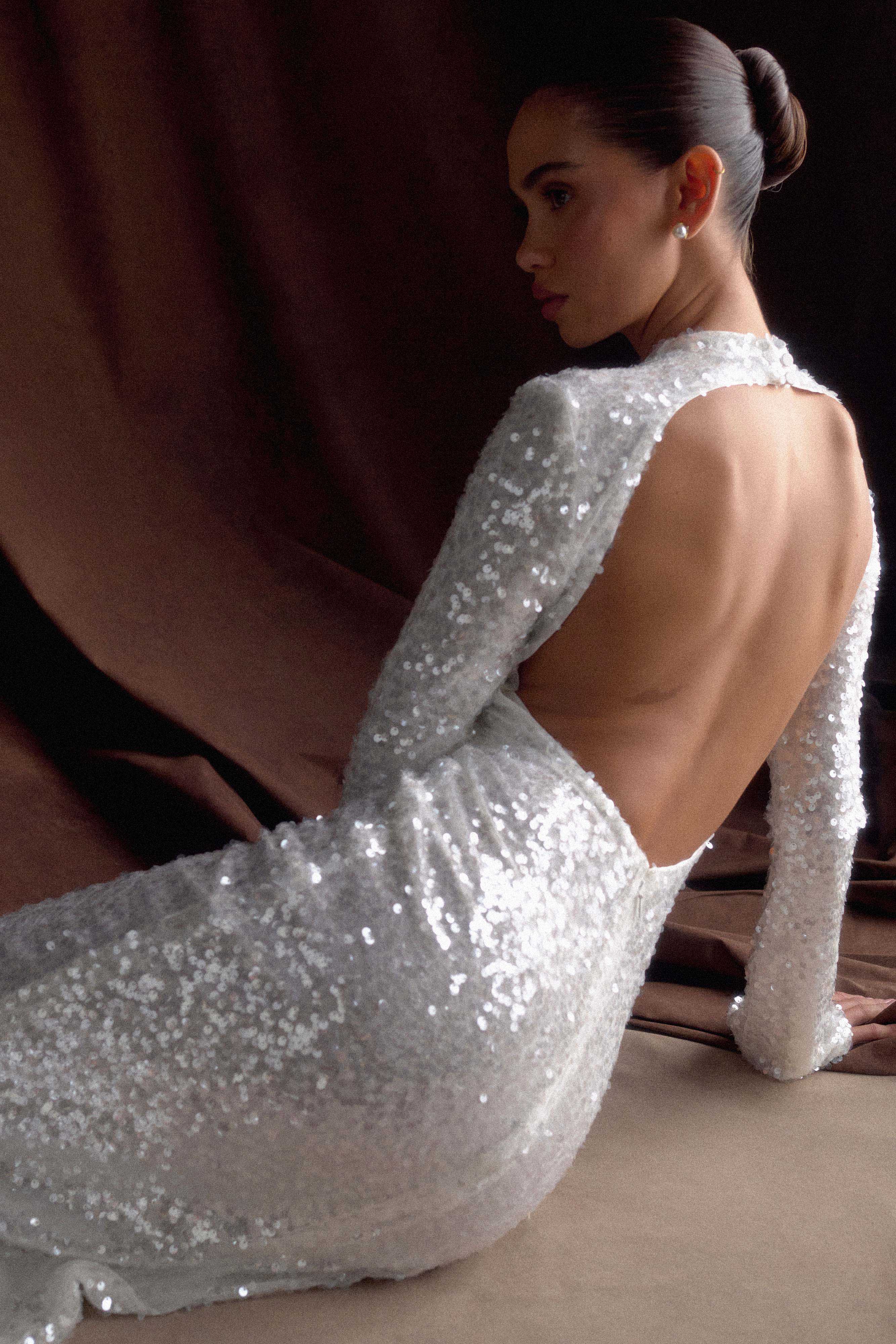 Sequin Maxi Dress with Open Back & Long Sleeves | Sofia White