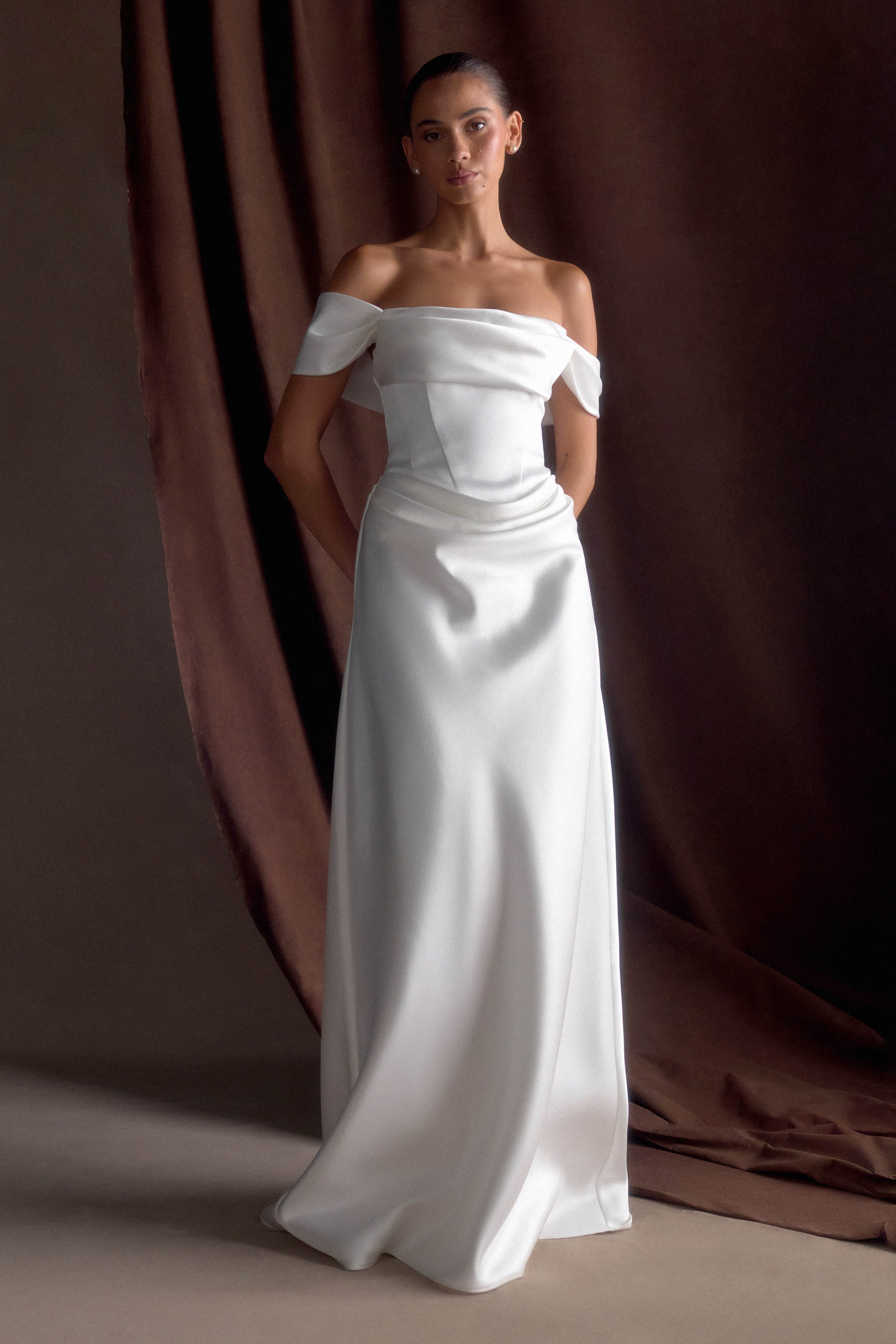 Elegant Off Shoulder Satin Gown for Weddings & Formal Events | Luna