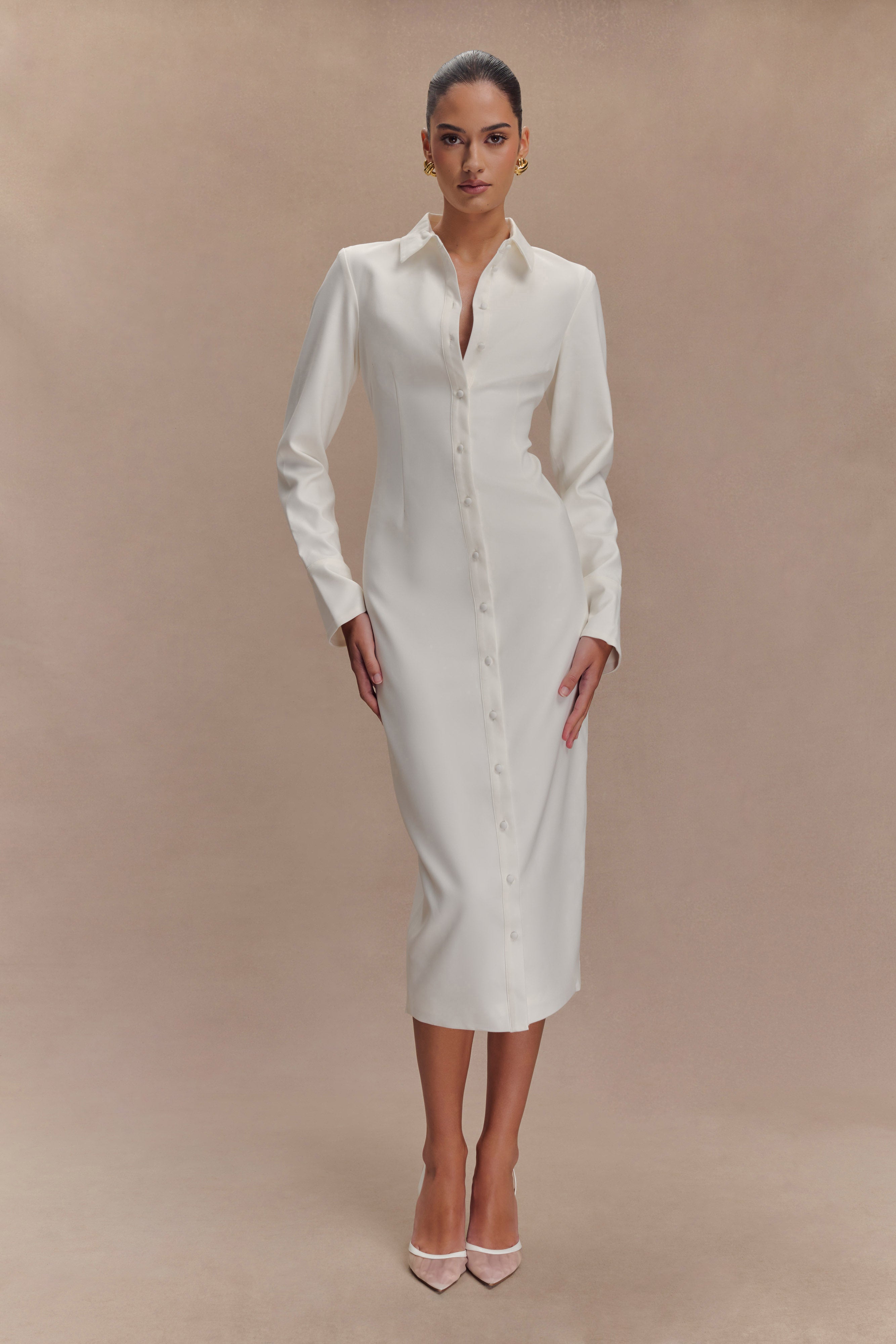 Fitted Shirt Midi Dress with Collar & Flared Cuffs | Dorian
