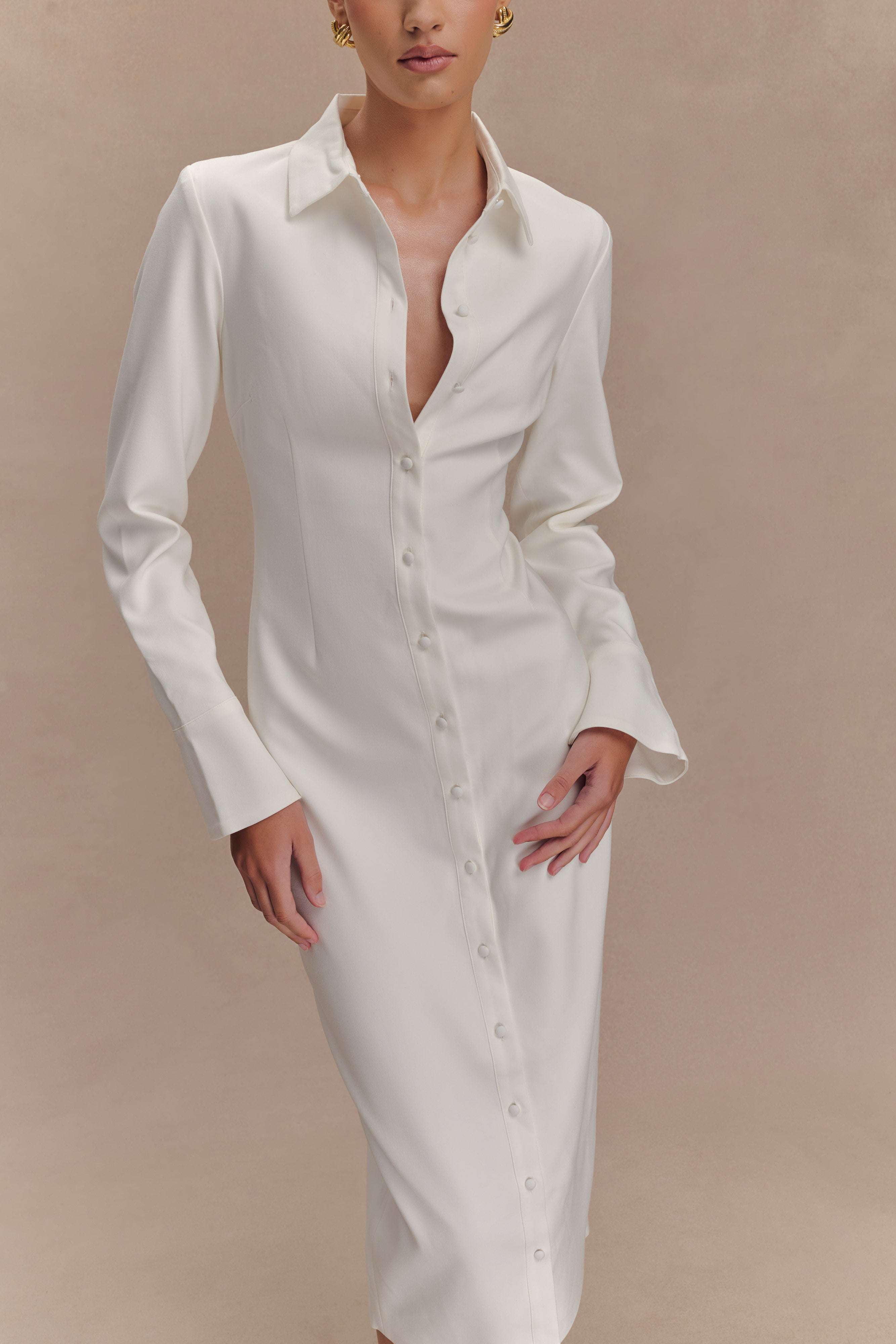 Fitted Shirt Midi Dress with Collar & Flared Cuffs | Dorian