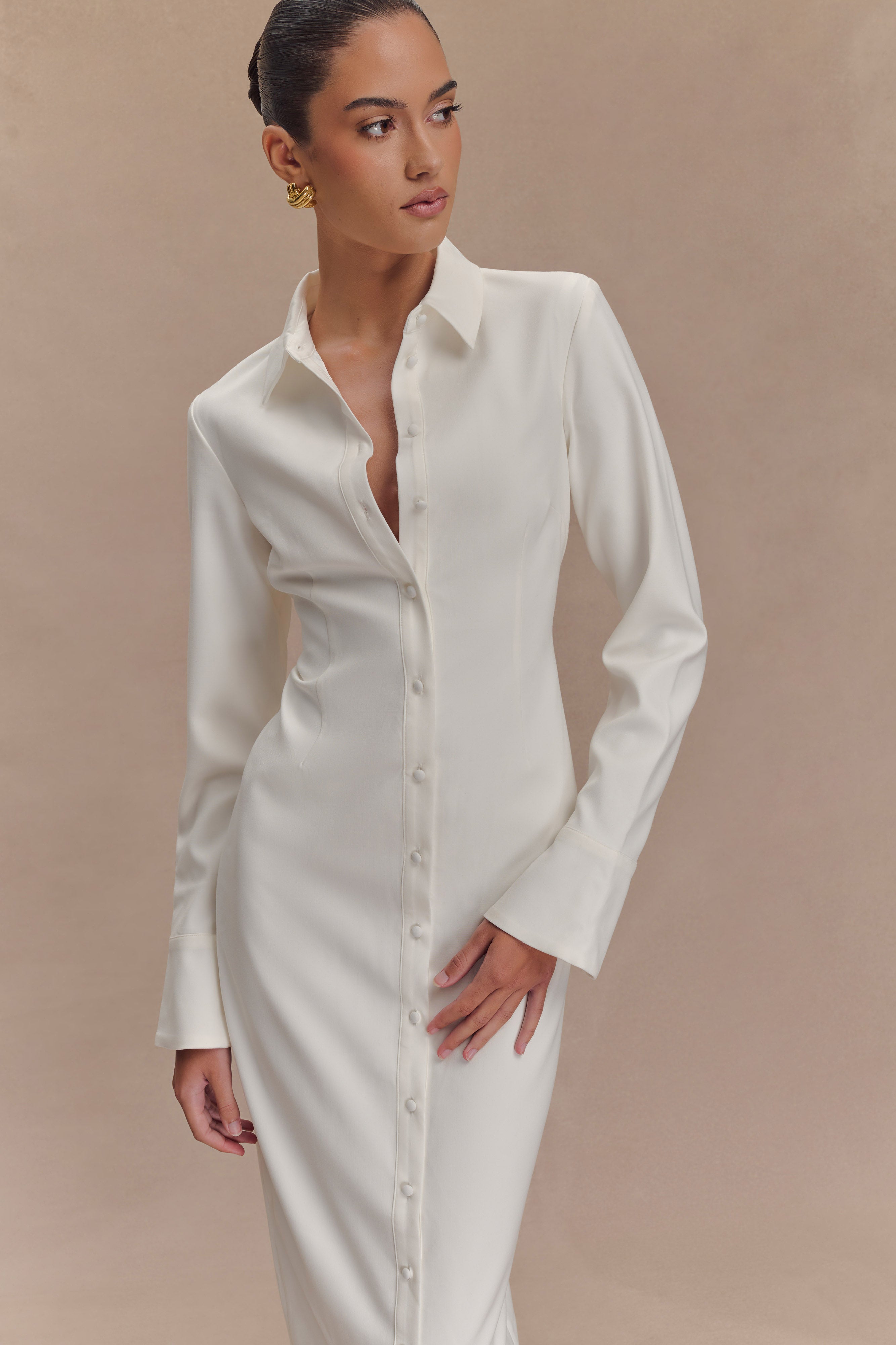 Fitted Shirt Midi Dress with Collar & Flared Cuffs | Dorian