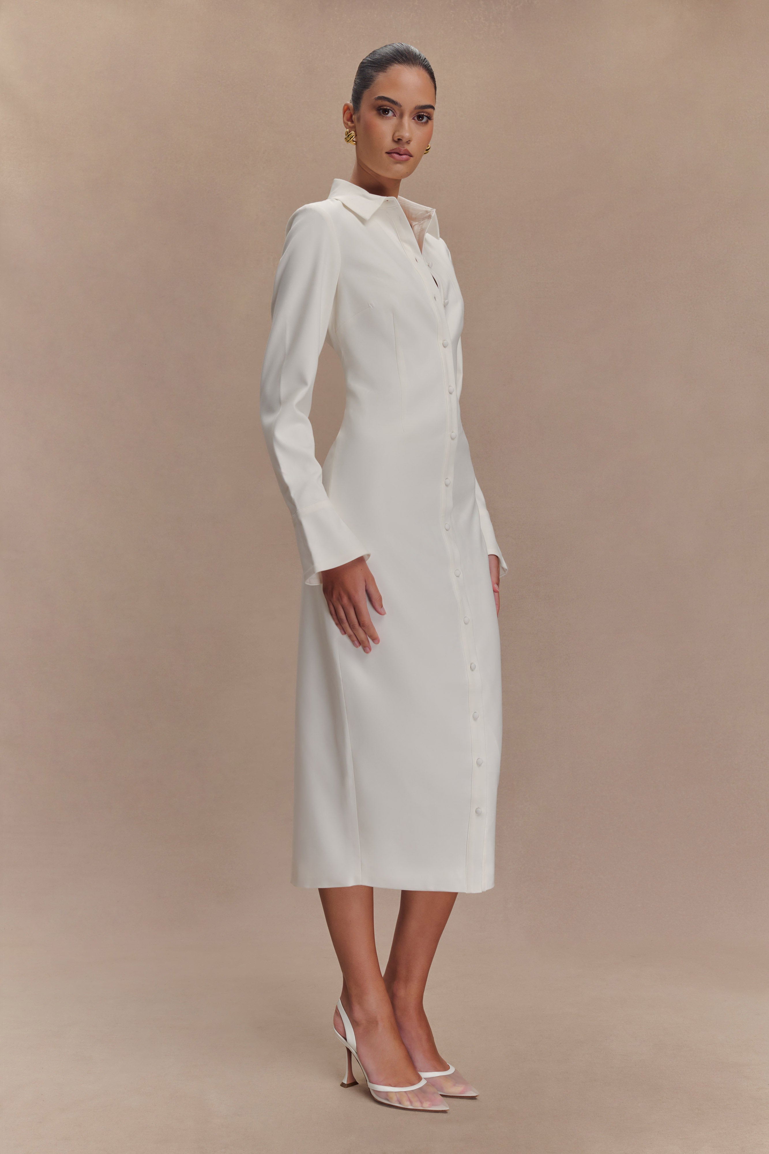 Fitted Shirt Midi Dress with Collar & Flared Cuffs | Dorian