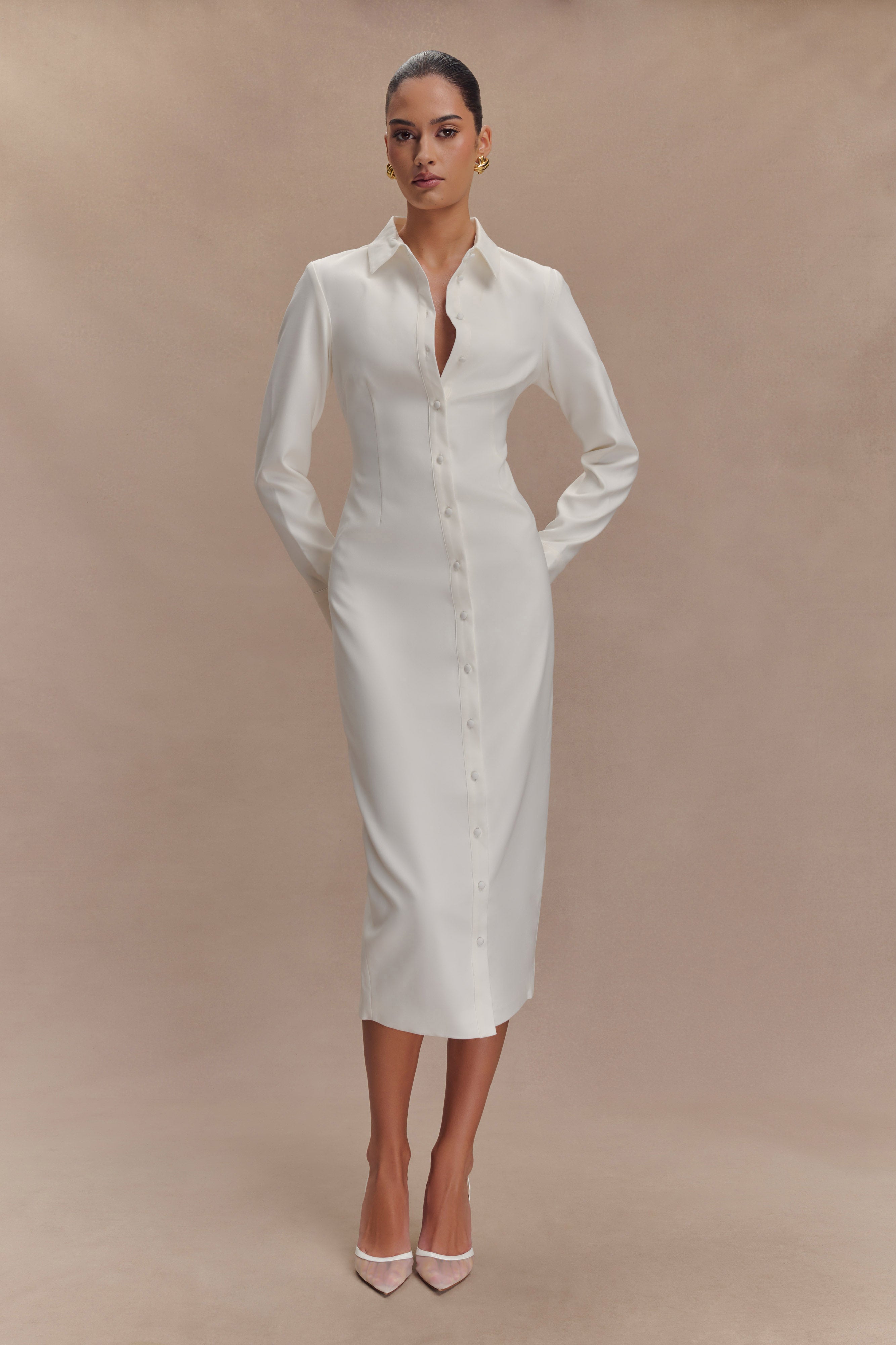 Fitted Shirt Midi Dress with Collar & Flared Cuffs | Dorian