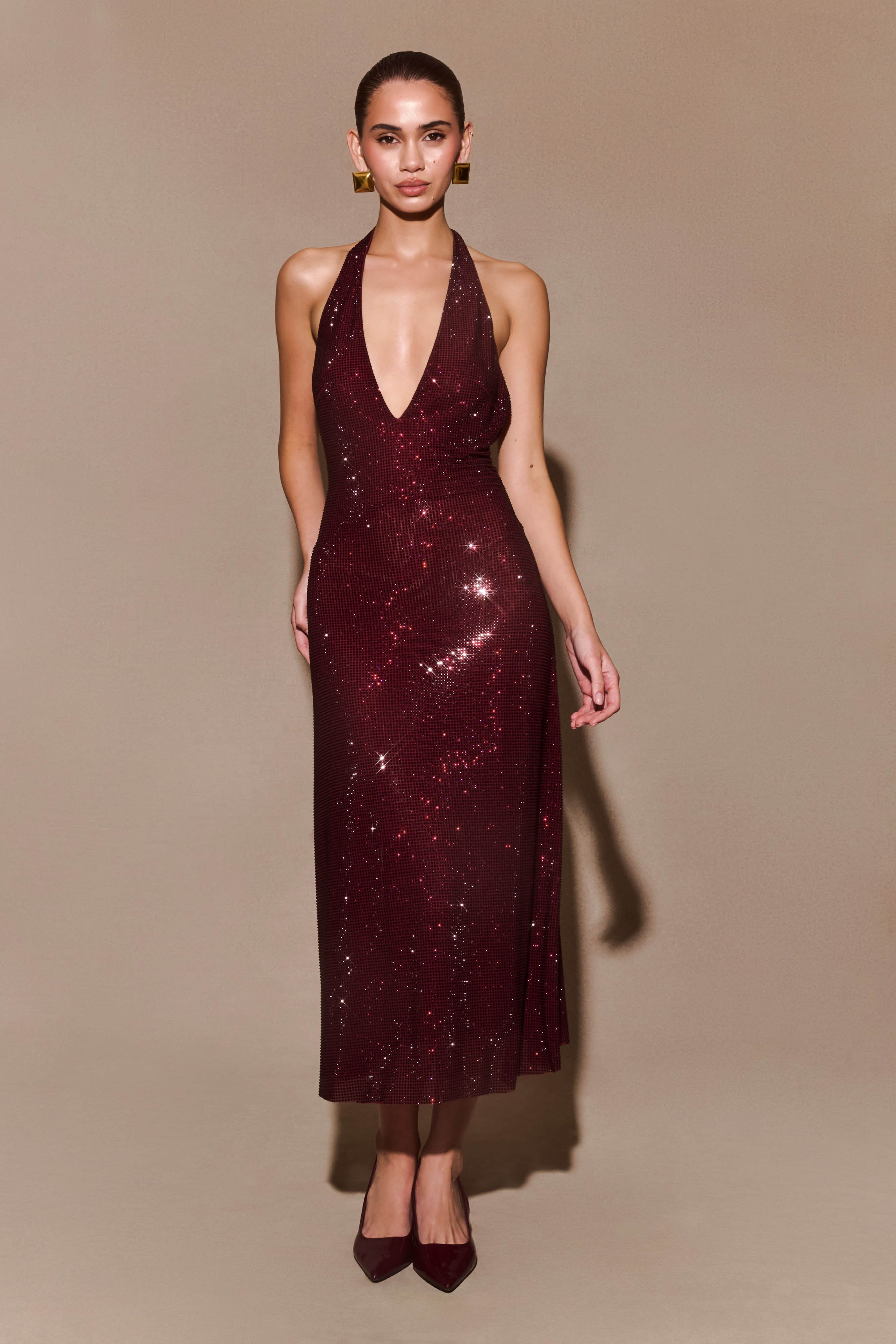 Diamante Halter Midi Dress for Evening Events | Genie Mahogany