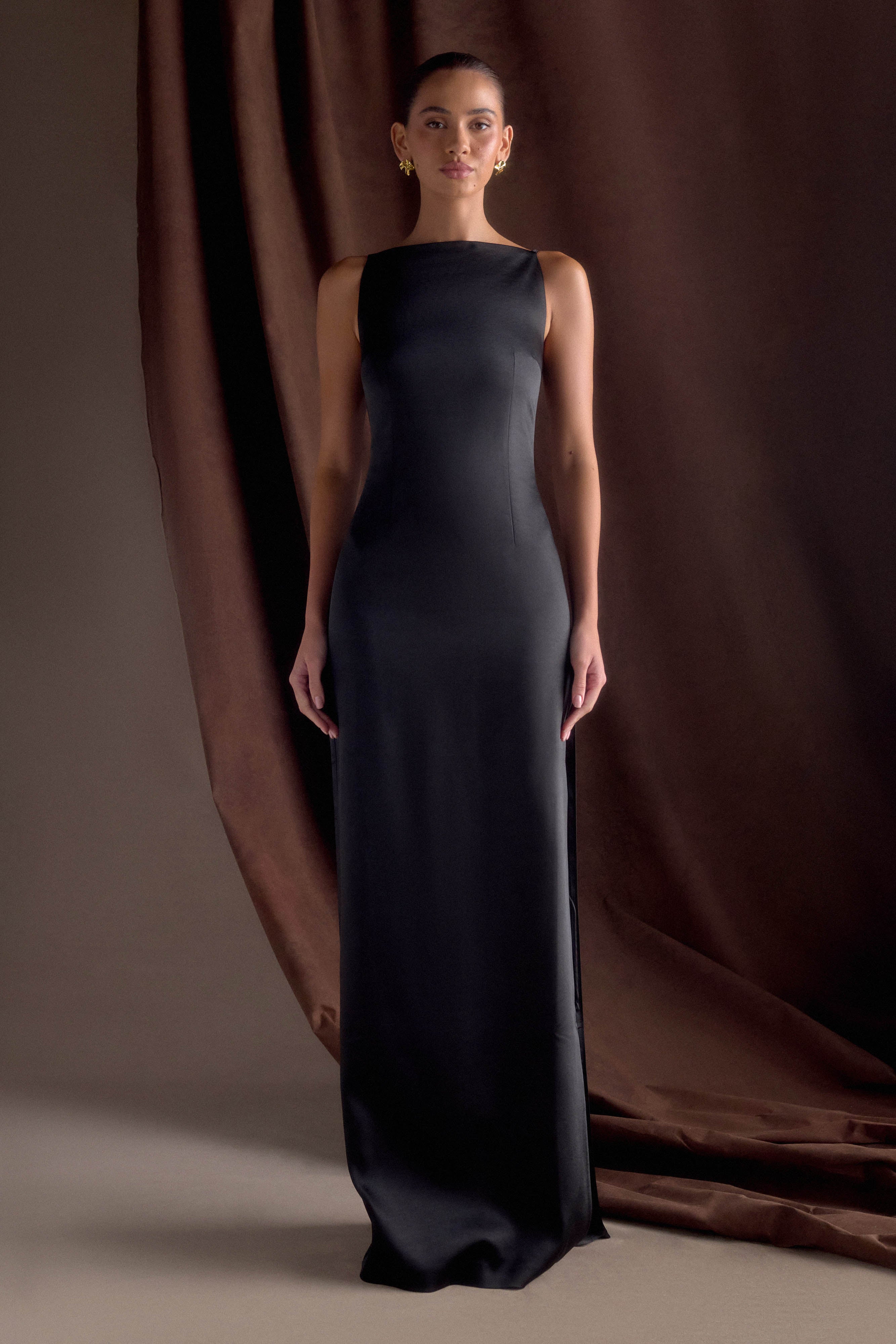Sleeveless Satin Maxi Dress with Side Split for Formal Events | Violet