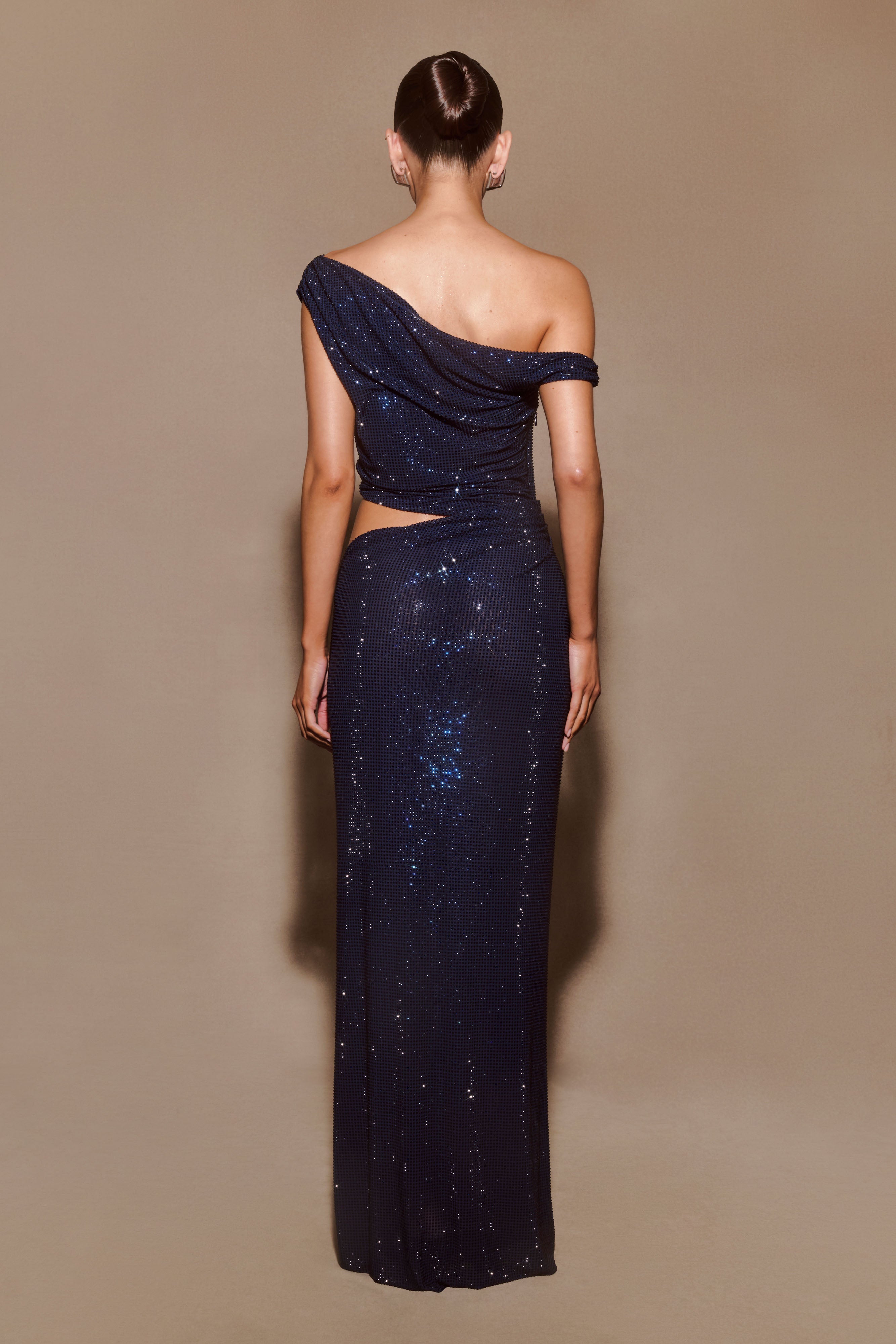 One Shoulder Maxi Dress with Diamante Studs & Hip Cutout | Kenny