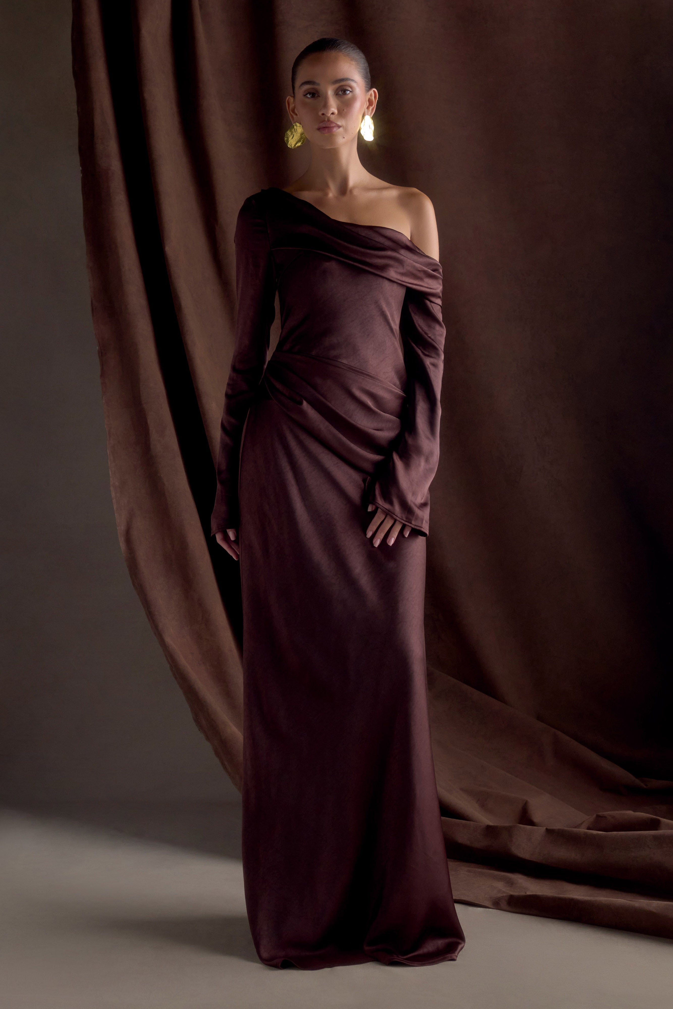 Elegant Long Sleeve Satin Maxi Dress with Boned Bodice | Iris