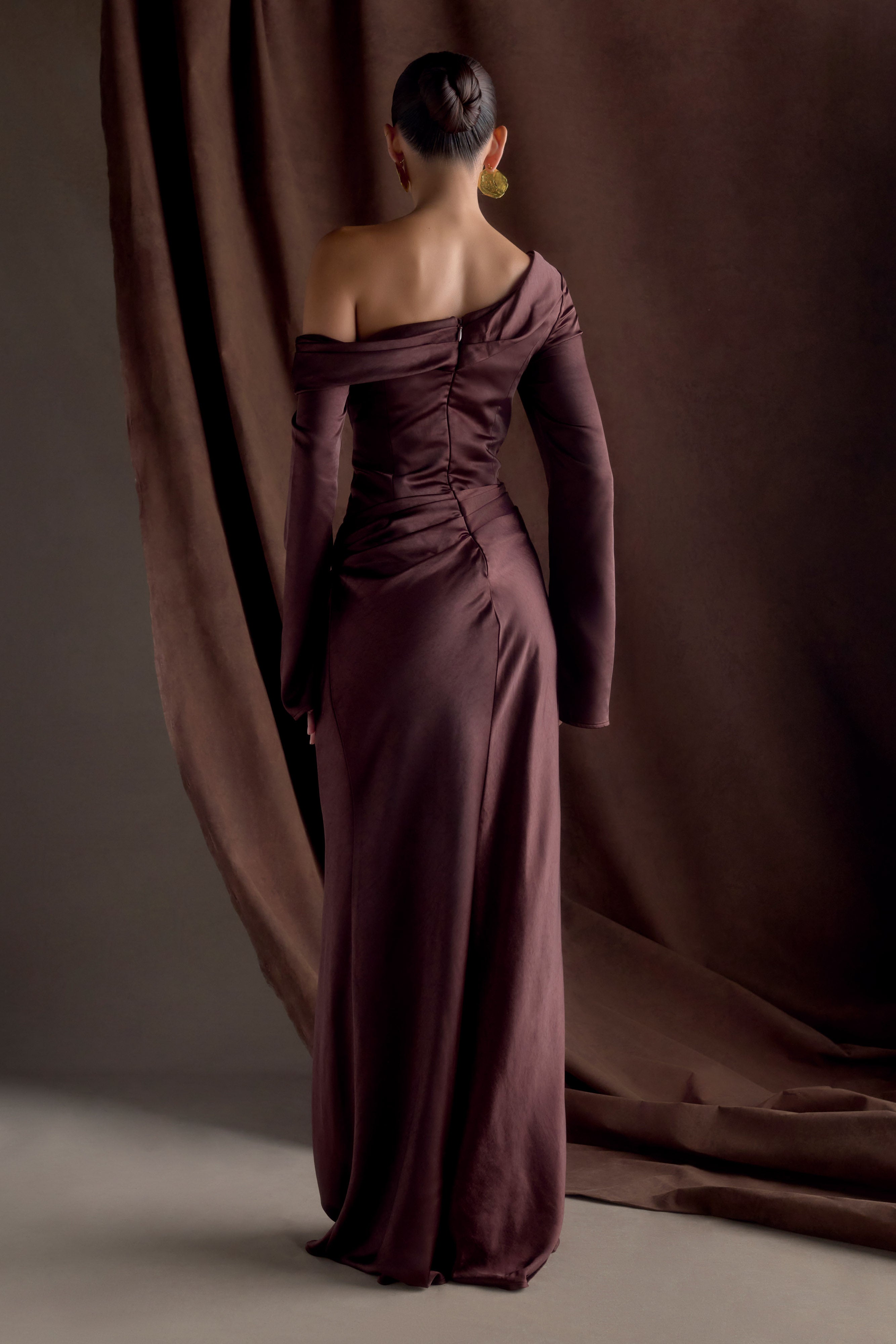 Elegant Long Sleeve Satin Maxi Dress with Boned Bodice | Iris