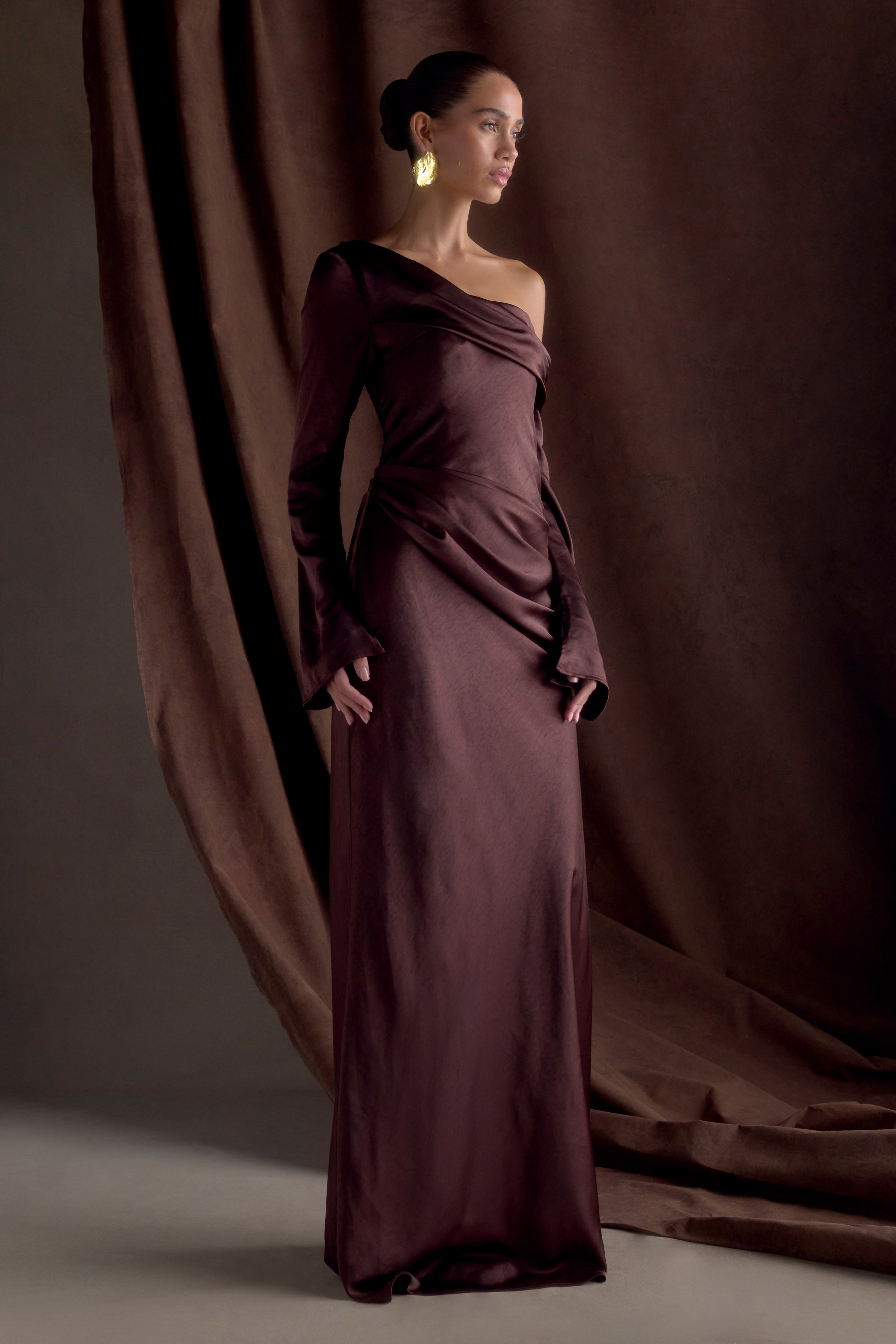 Elegant Long Sleeve Satin Maxi Dress with Boned Bodice | Iris