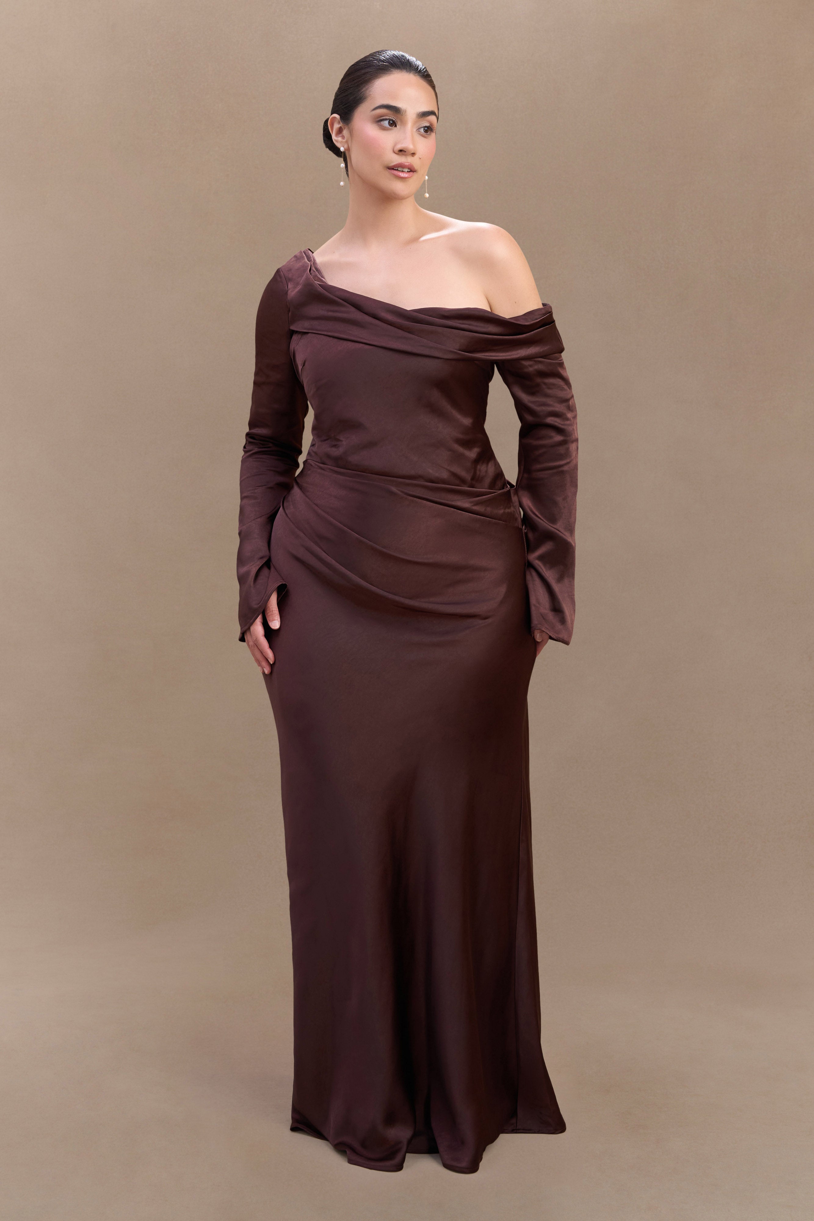 Elegant Long Sleeve Satin Maxi Dress with Boned Bodice | Iris
