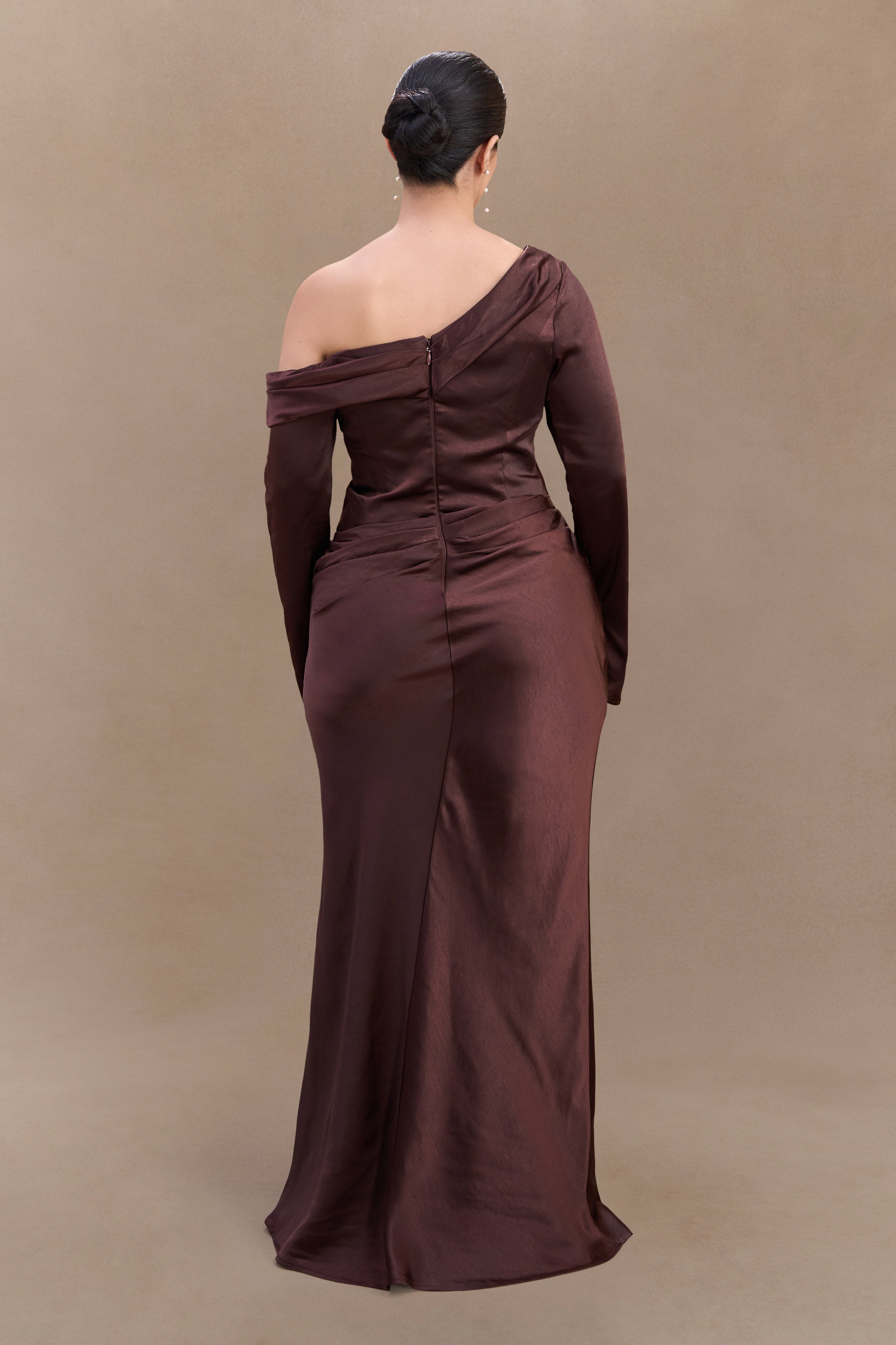 Elegant Long Sleeve Satin Maxi Dress with Boned Bodice | Iris