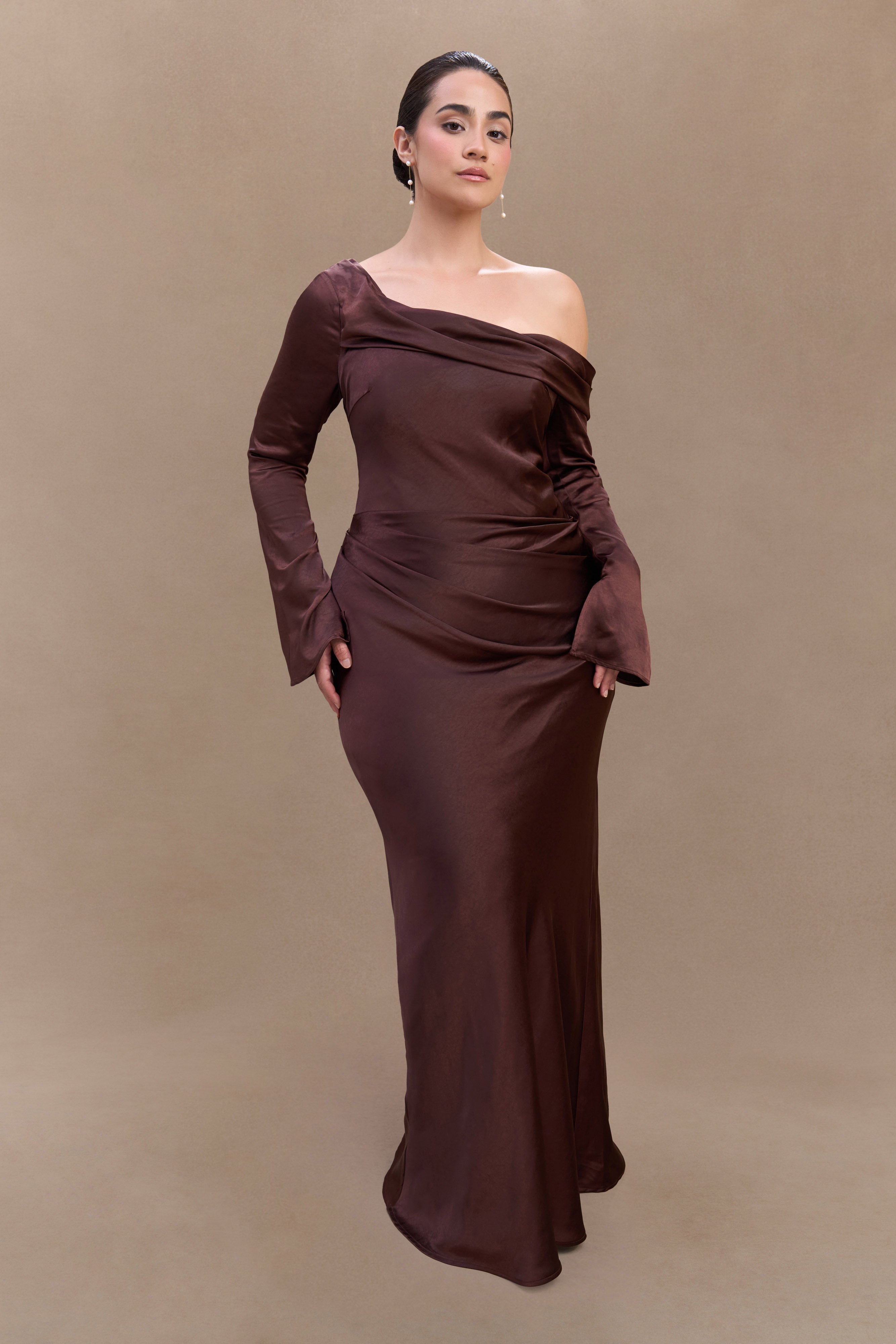 Elegant Long Sleeve Satin Maxi Dress with Boned Bodice | Iris