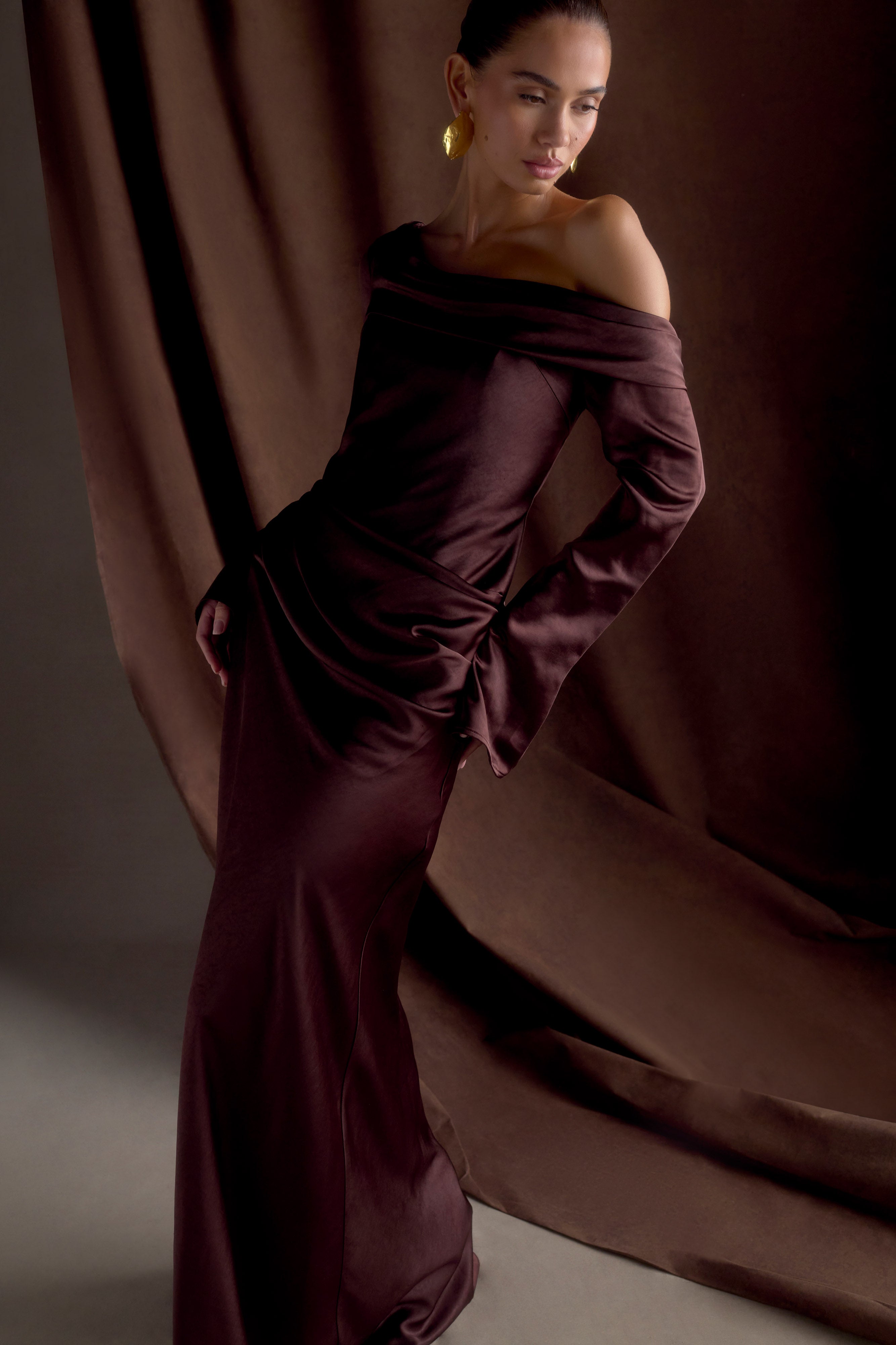 Elegant Long Sleeve Satin Maxi Dress with Boned Bodice | Iris