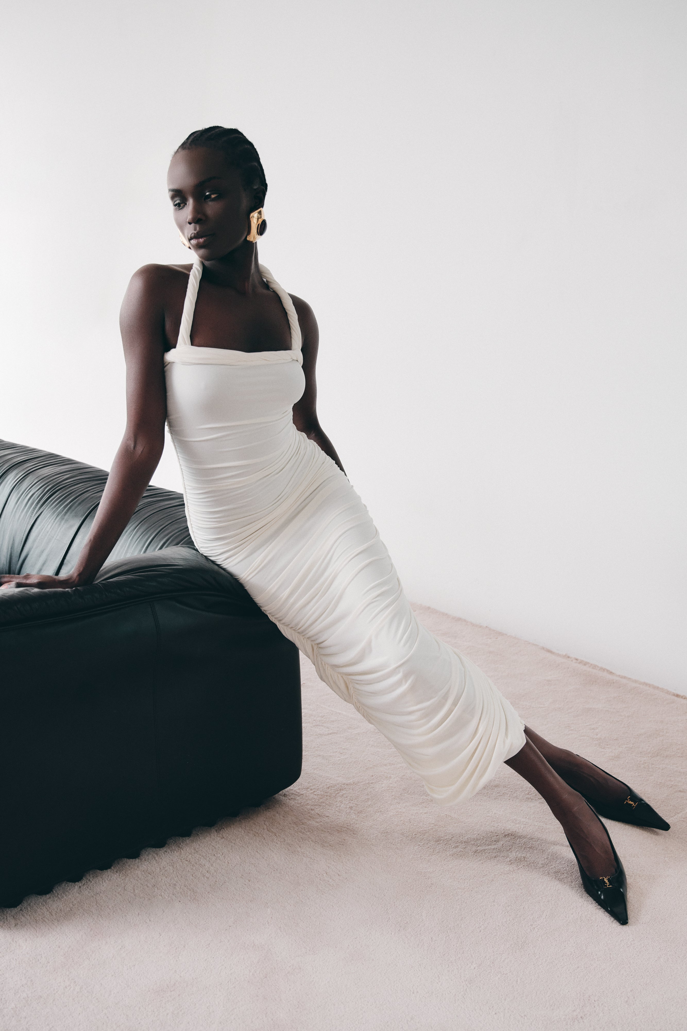 Ruched Halter Midi Dress with Twisted Neckline | Camila Ivory