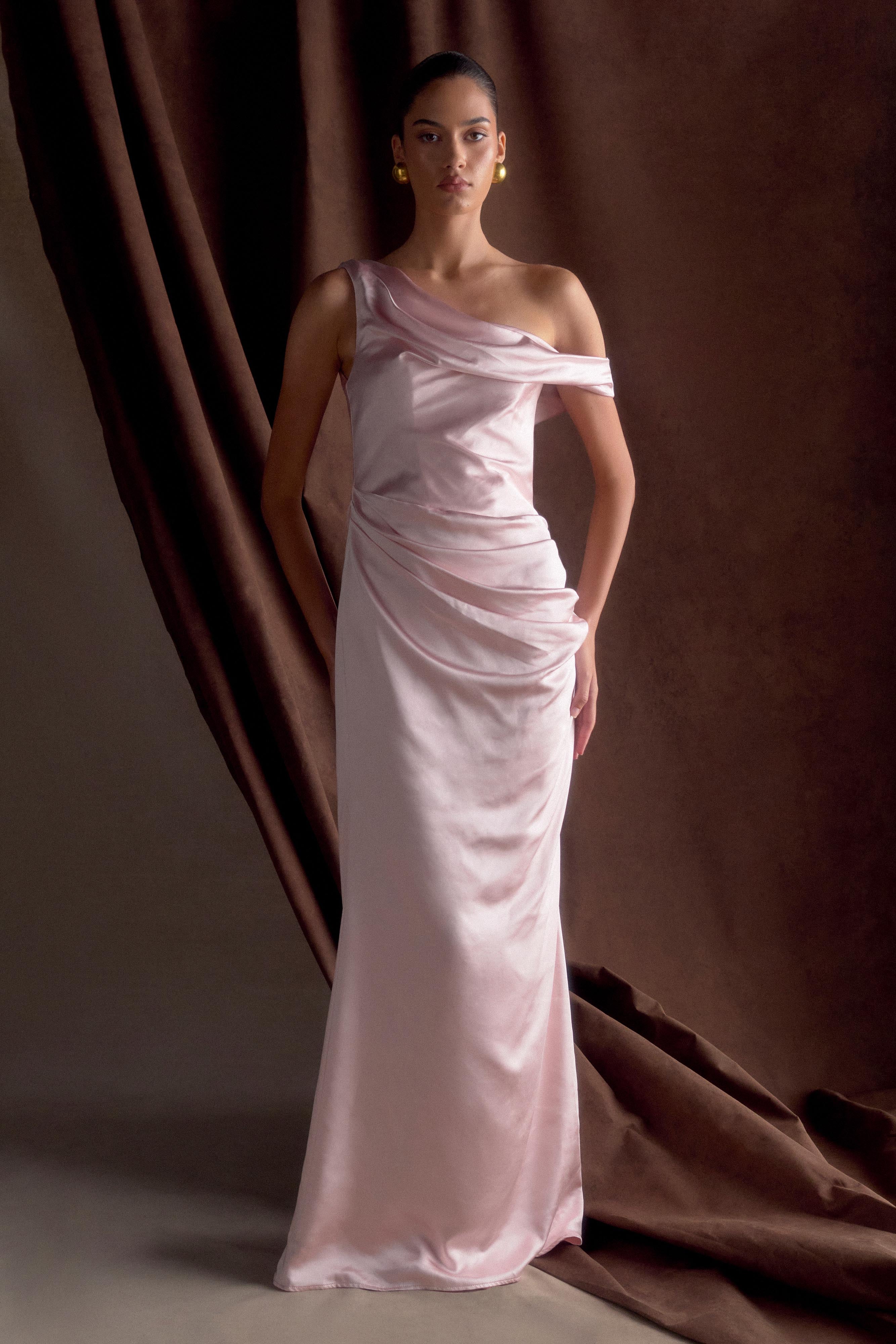 Off-Shoulder Satin Maxi Dress with Boned Bodice | Dalia