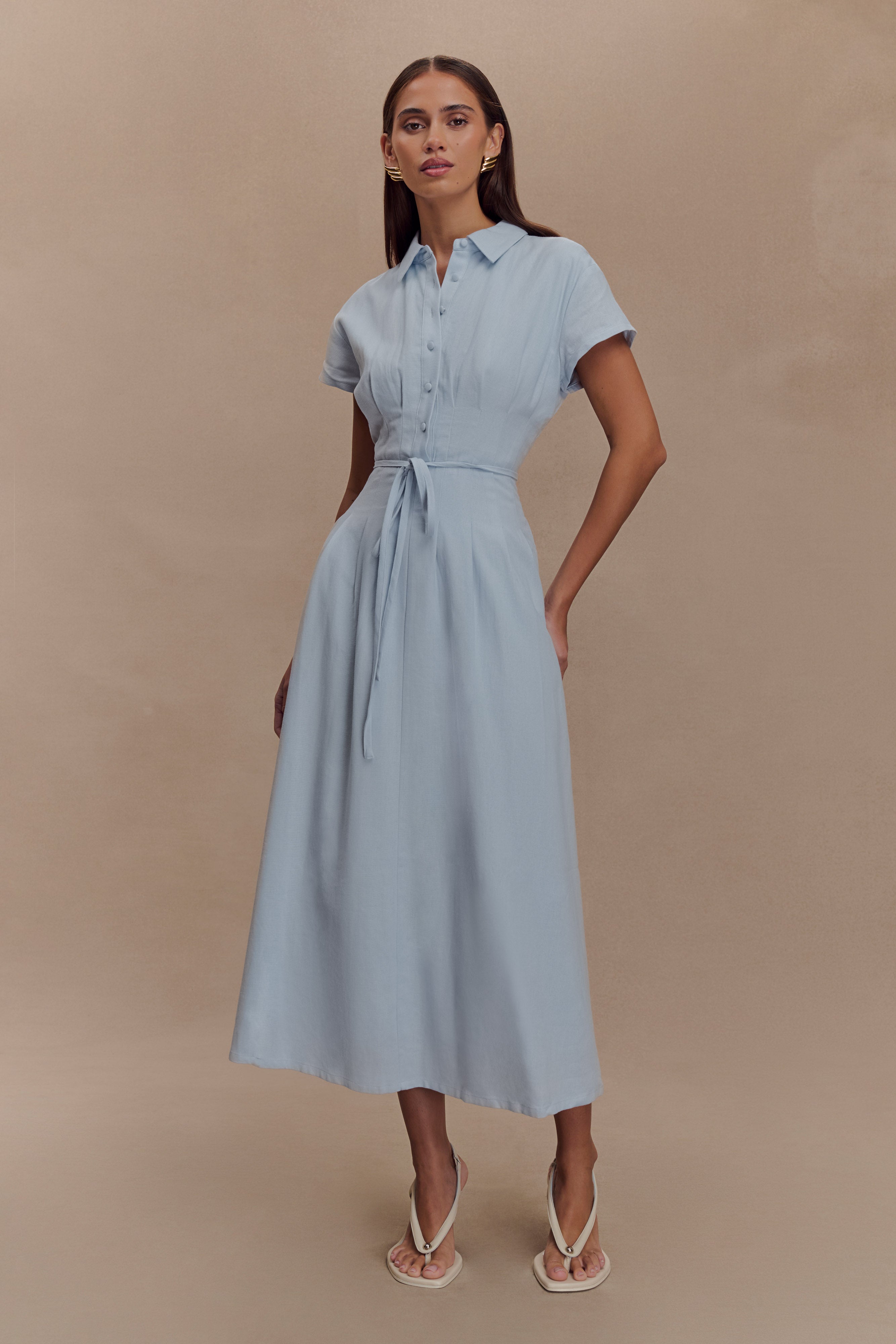Linen Midi Dress with Button Front & Waist Tie | Aysha Cornflower Blue