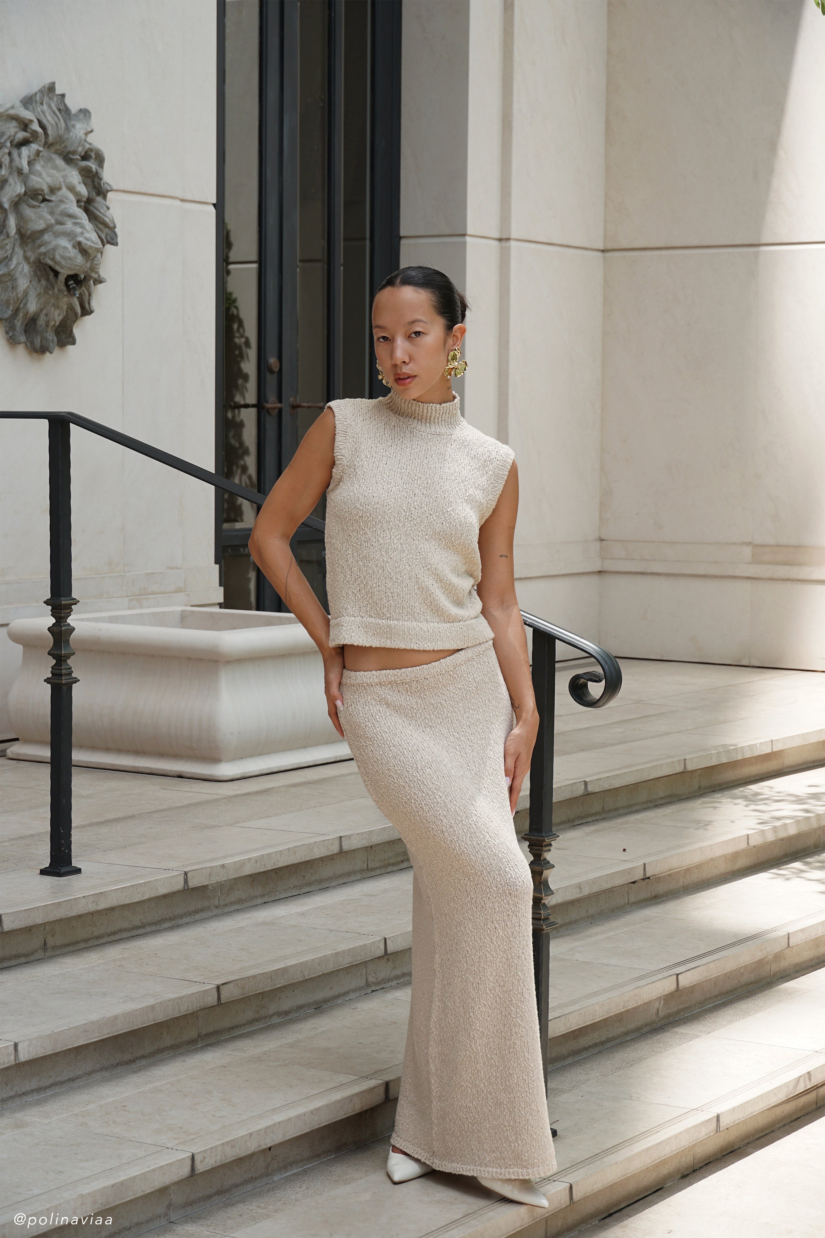 Boucle Maxi Skirt with Elastic Waist & Mid-Rise | Moira
