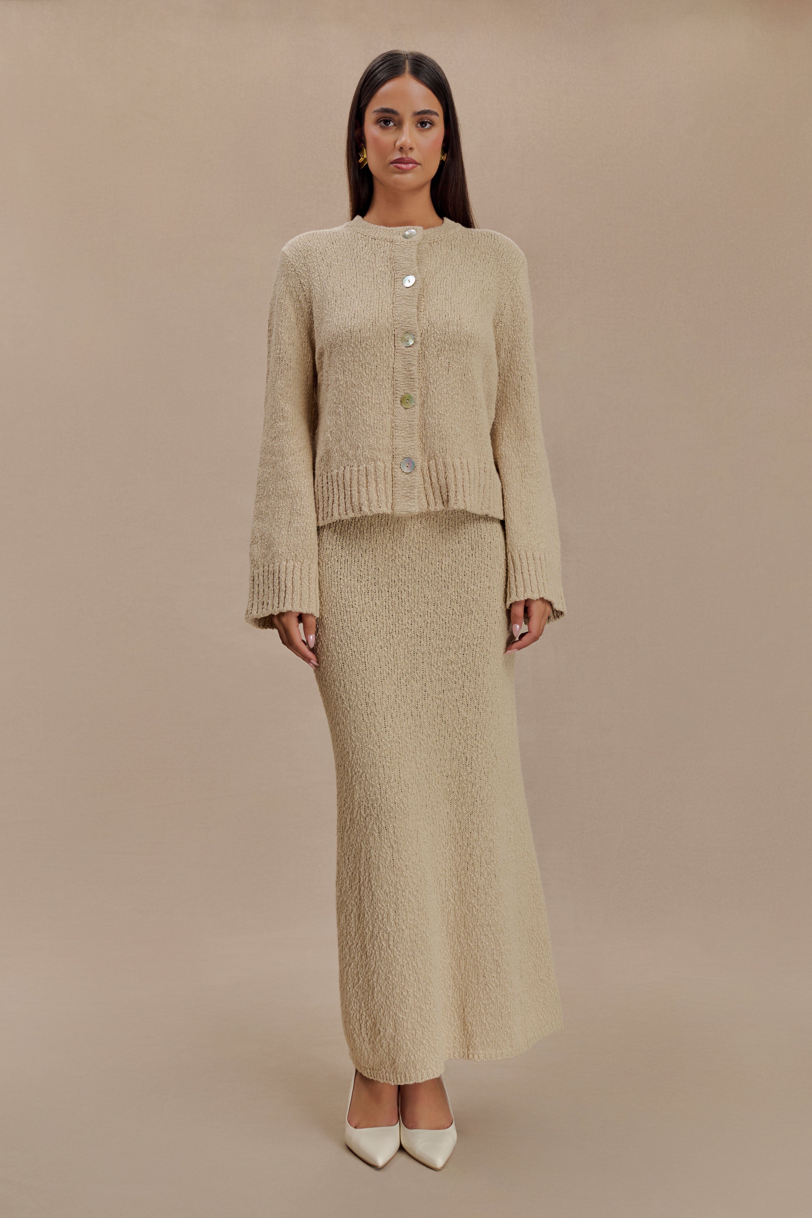 Boucle Maxi Skirt with Elastic Waist & Mid-Rise | Moira