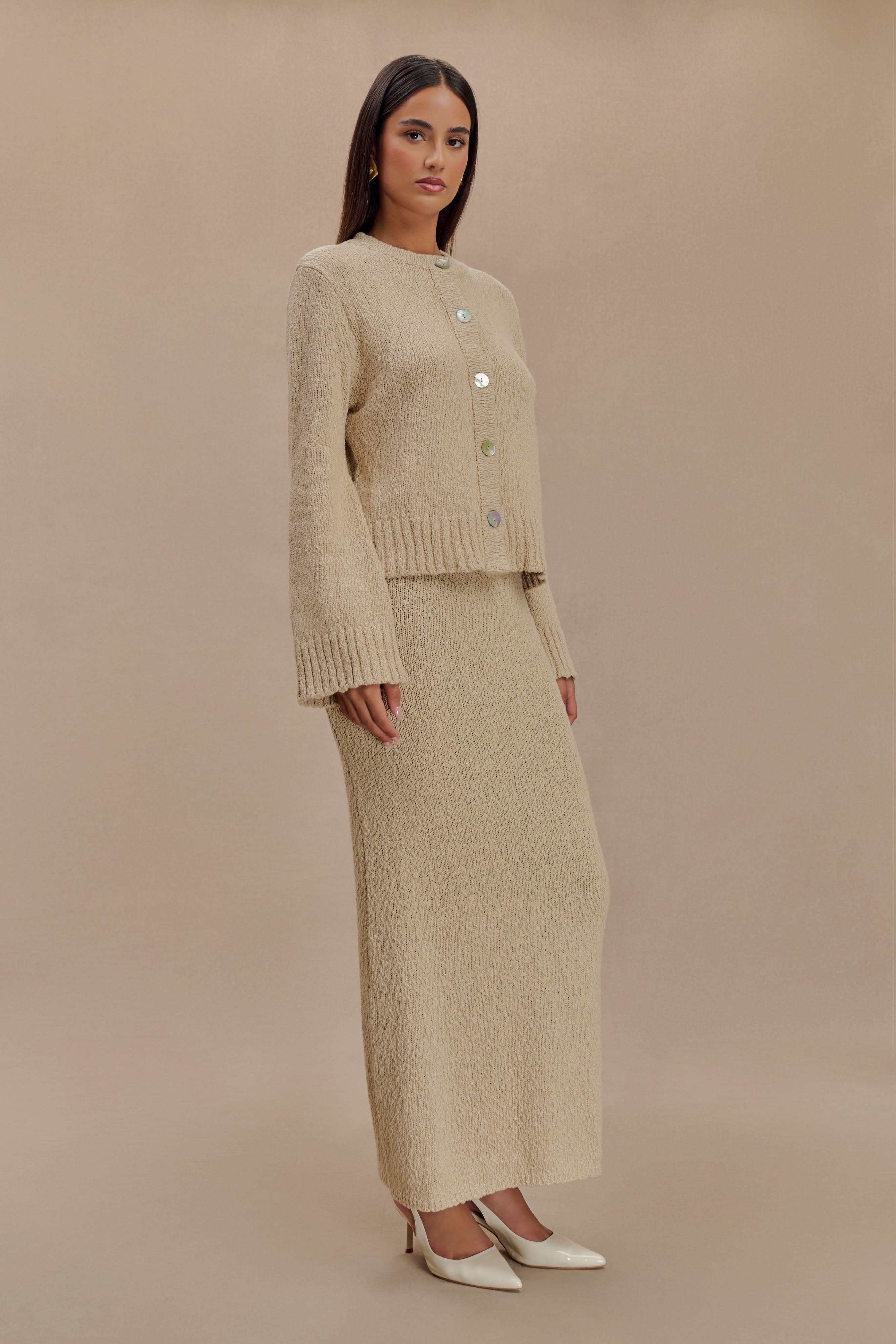 Boucle Maxi Skirt with Elastic Waist & Mid-Rise | Moira