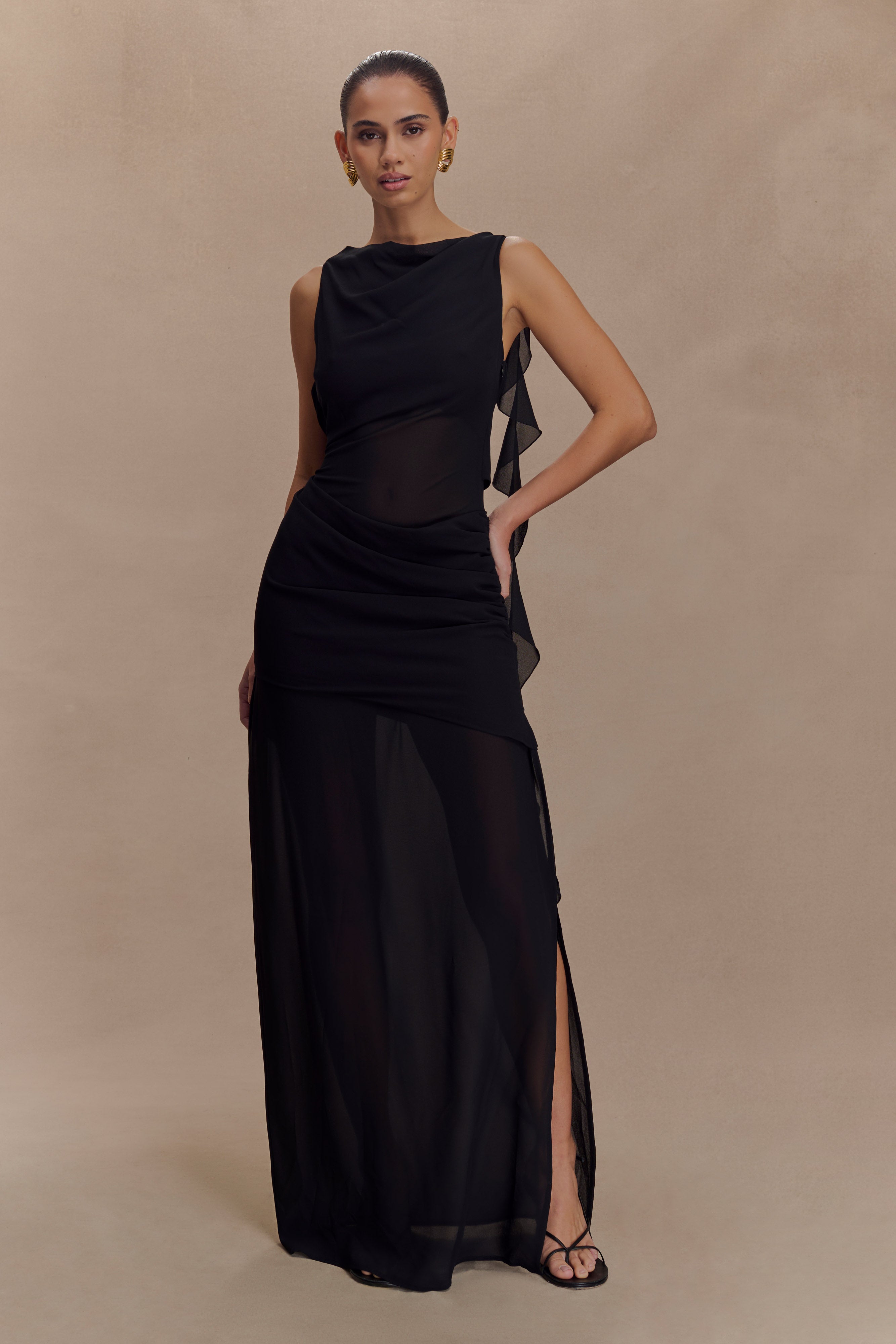 Chiffon Maxi Dress with Low Back & Draped Detail | Daria Black