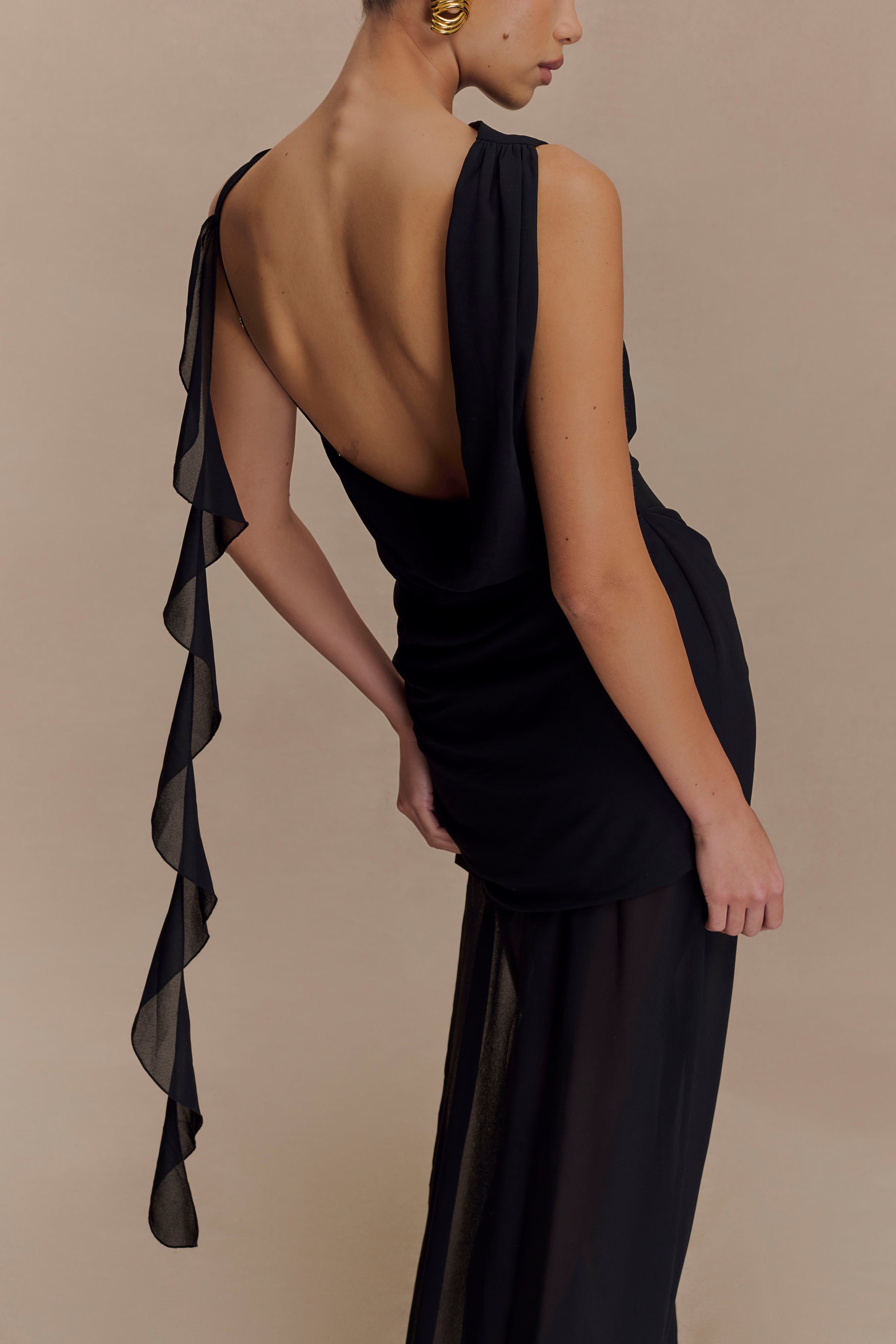 Chiffon Maxi Dress with Low Back & Draped Detail | Daria Black