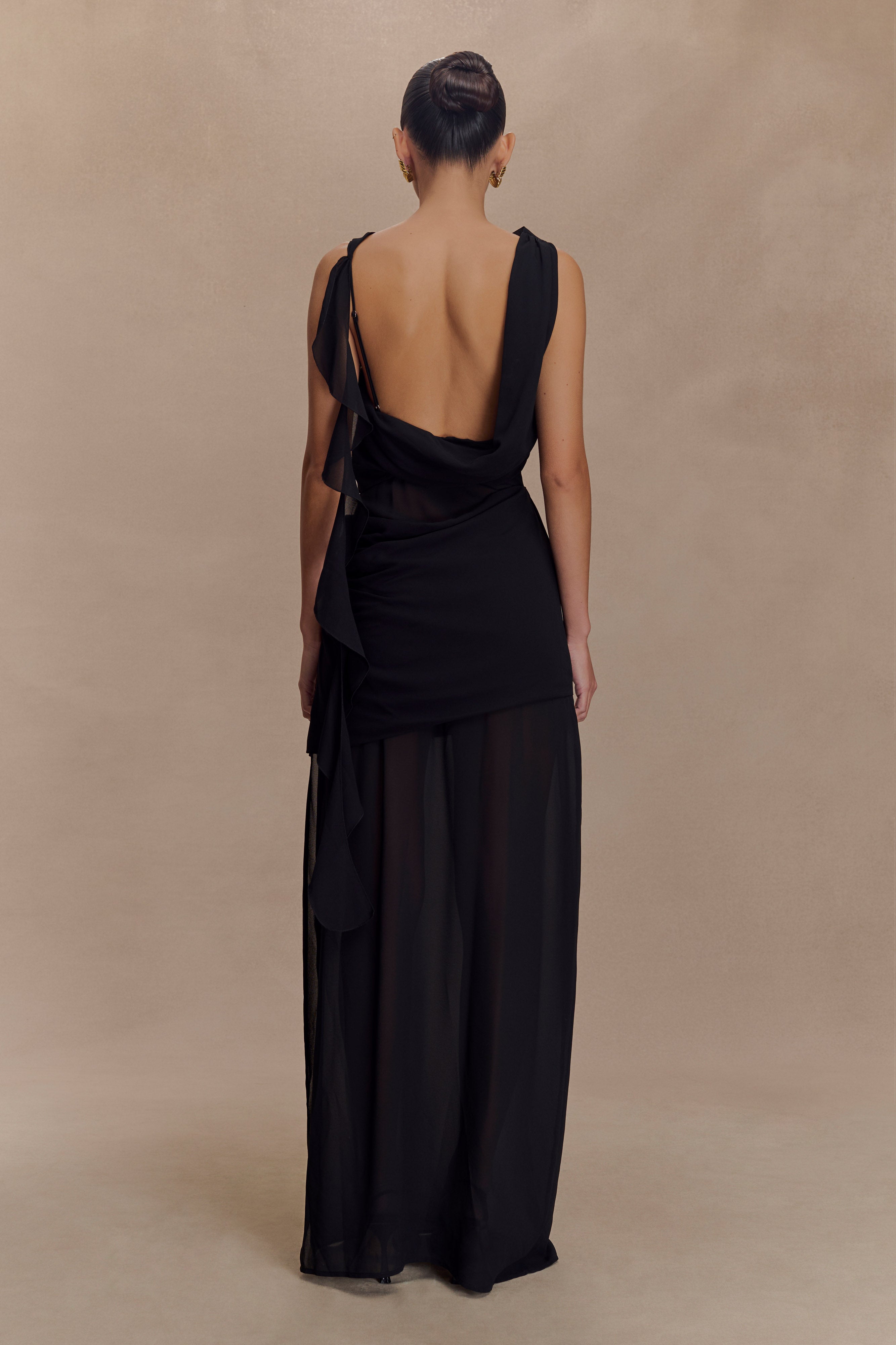 Chiffon Maxi Dress with Low Back & Draped Detail | Daria Black
