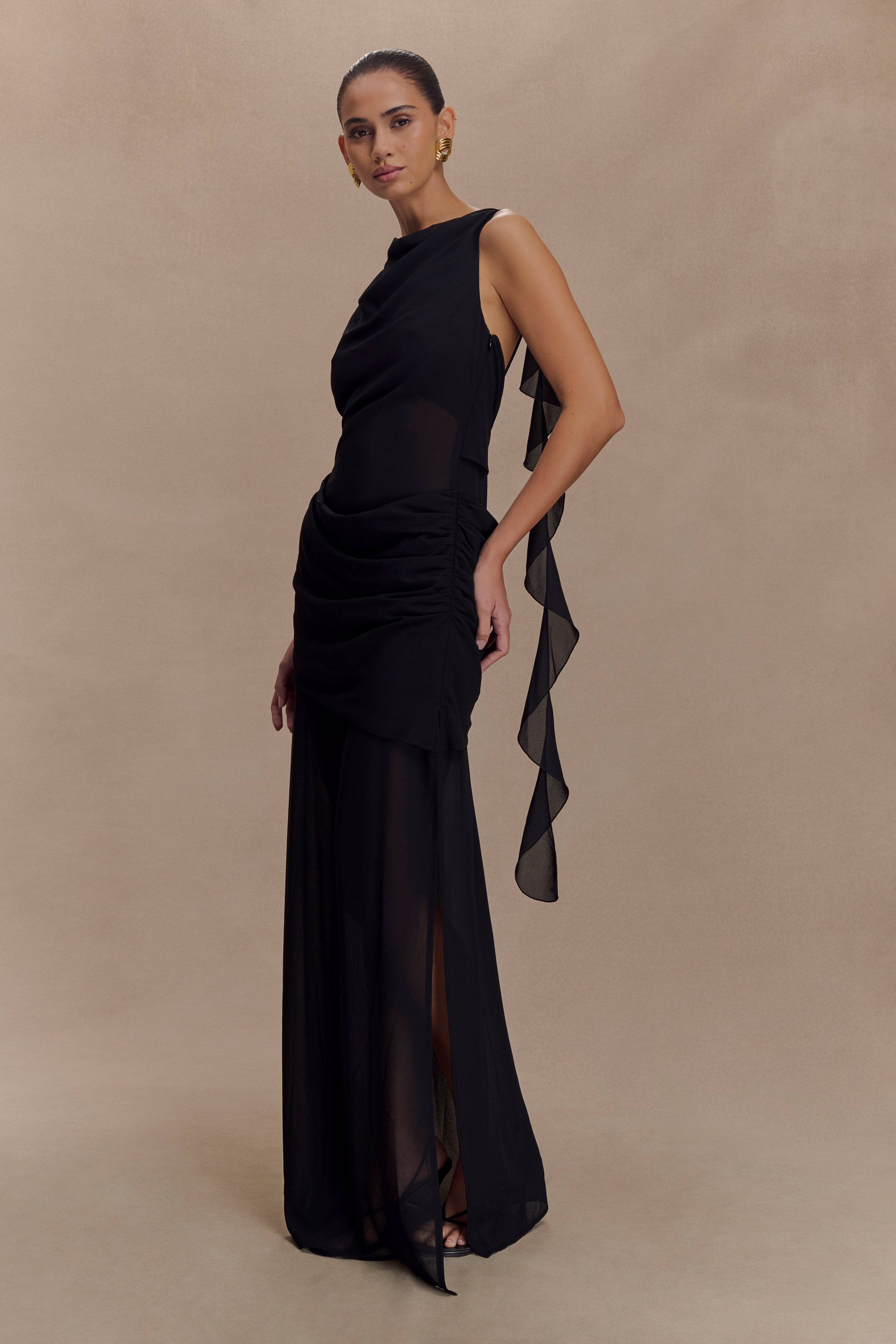 Chiffon Maxi Dress with Low Back & Draped Detail | Daria Black