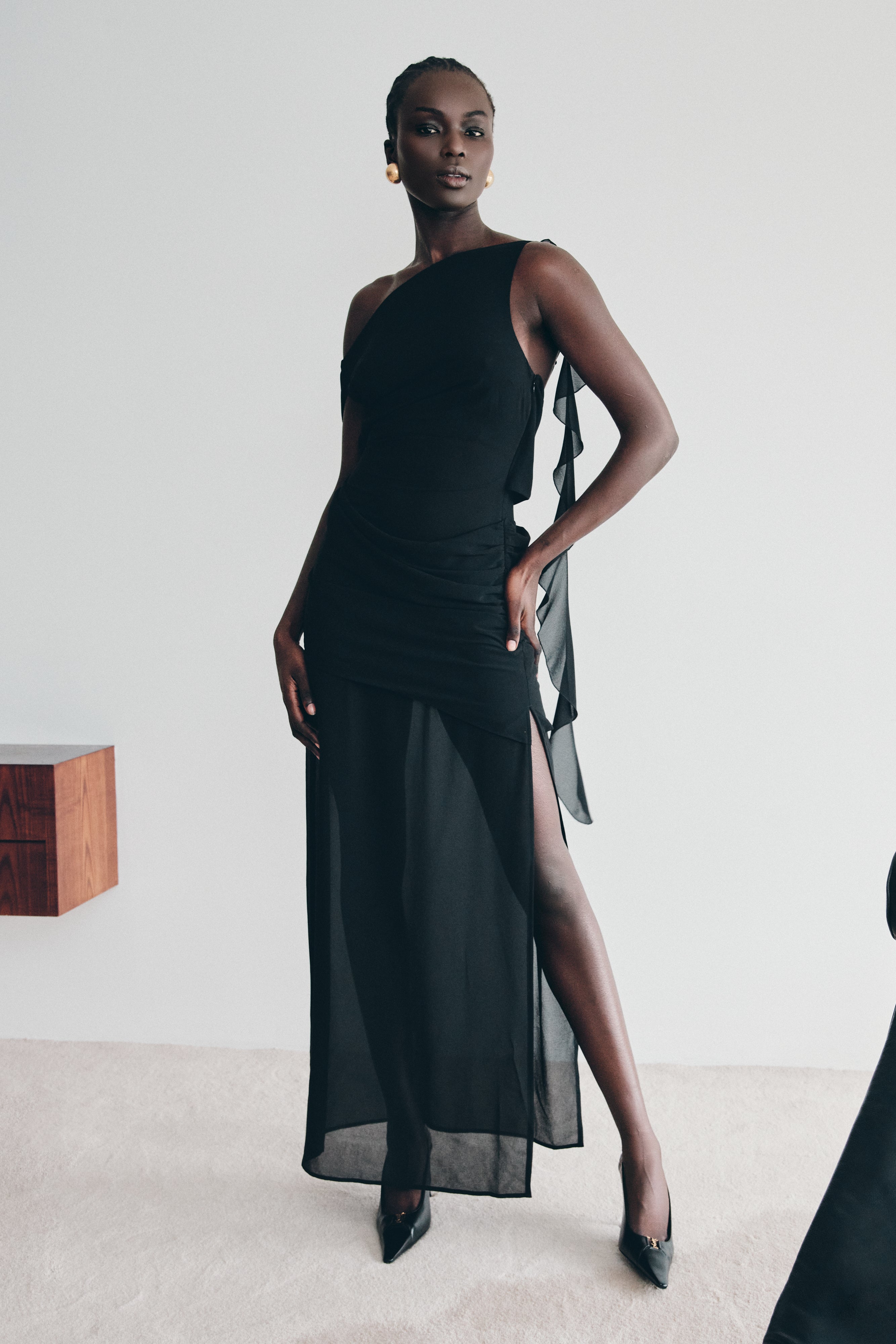 Chiffon Maxi Dress with Low Back & Draped Detail | Daria Black