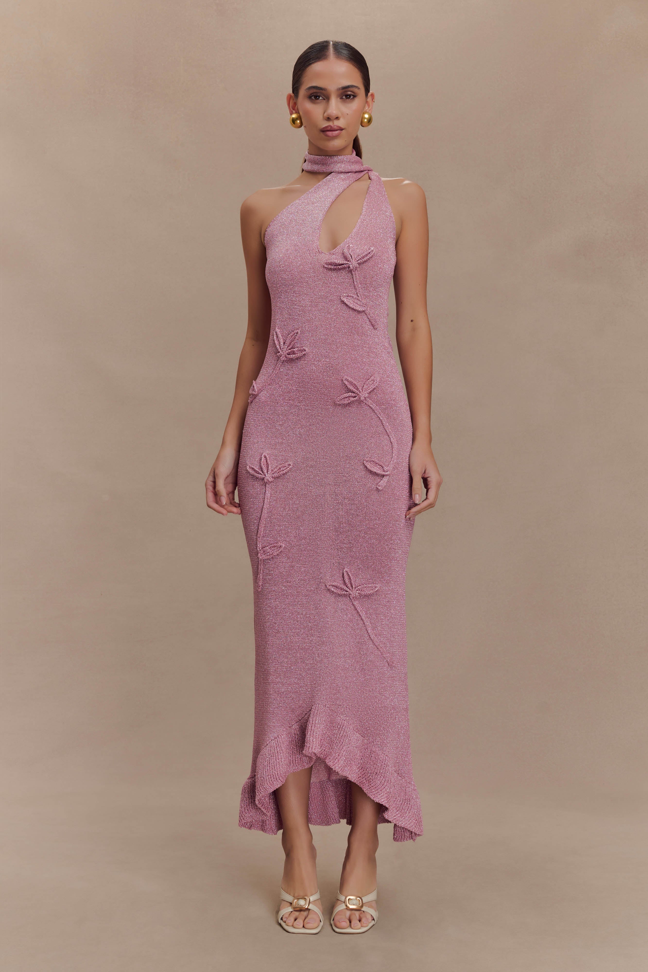 Floral Metallic Knit Maxi Dress with One-Shoulder Neckline | Celestino