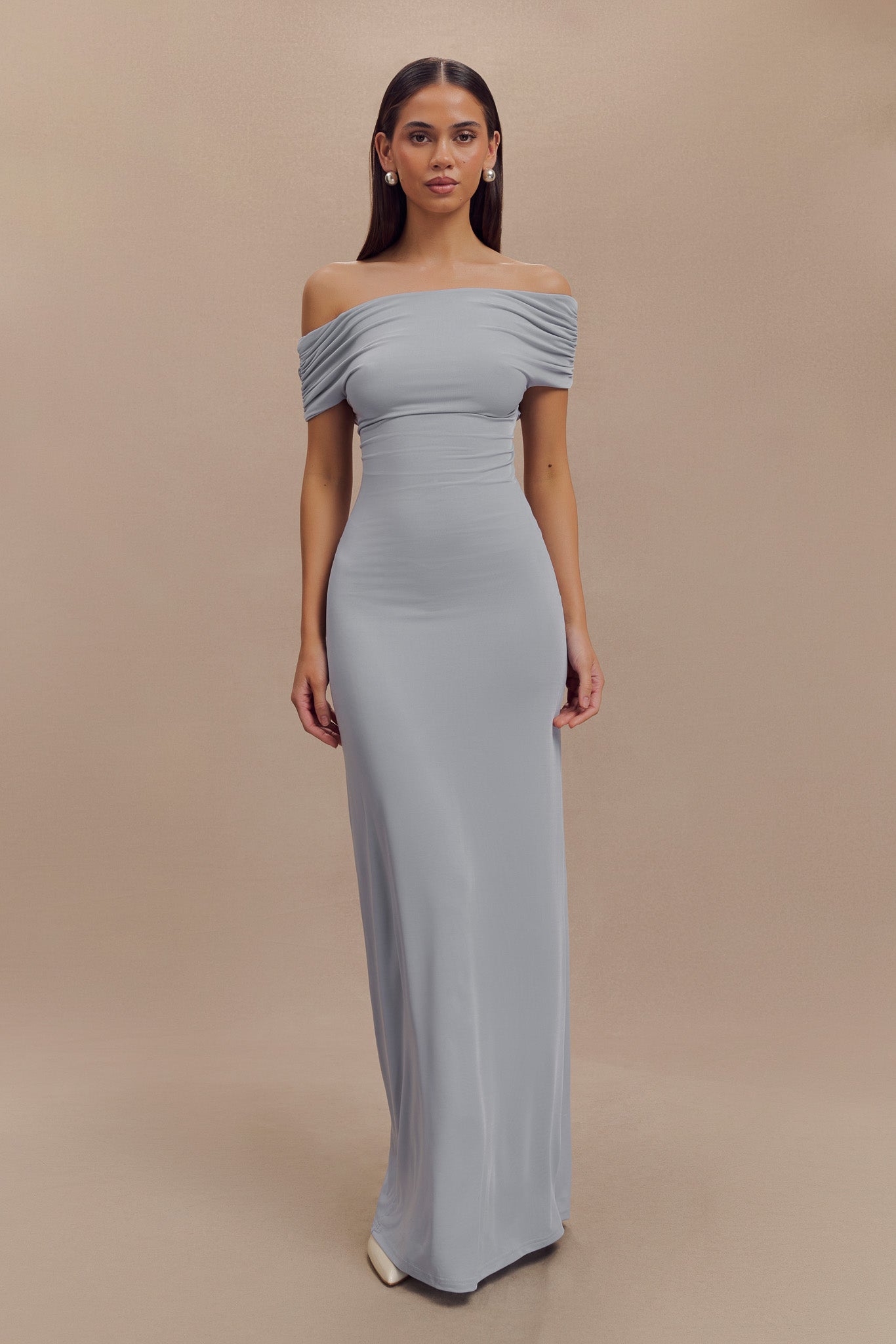 Off Shoulder Slinky Maxi Dress with Back Cutout | Imogen