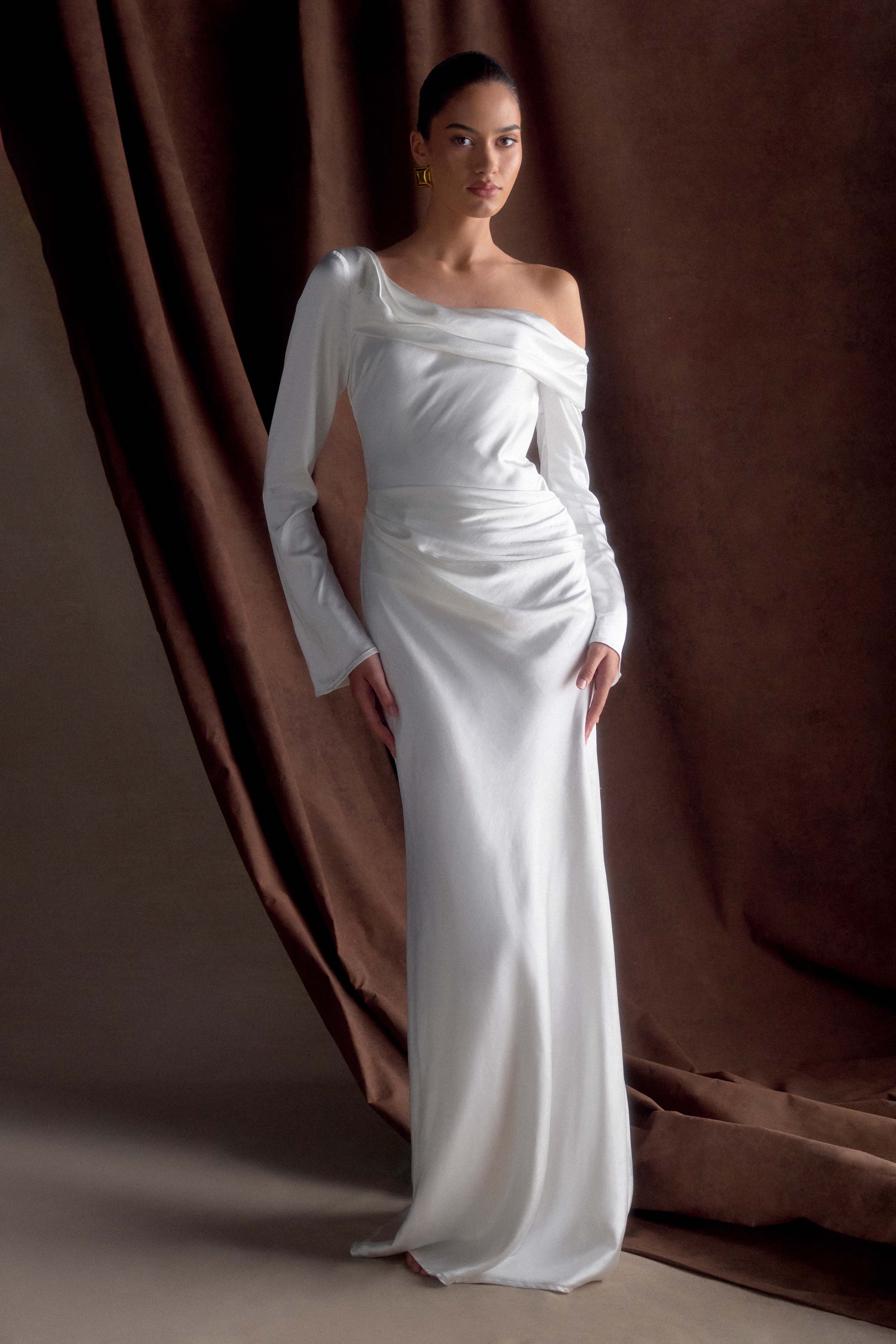 Elegant Satin Maxi Dress with Boned Bodice & Asymmetrical Neckline | Iris