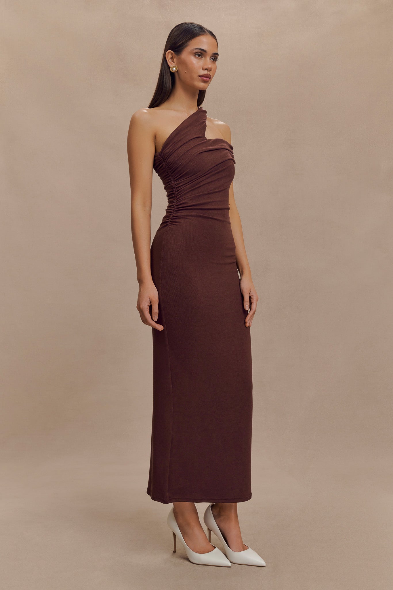 One Shoulder Modal Midi Dress with Ruching | Anastasia