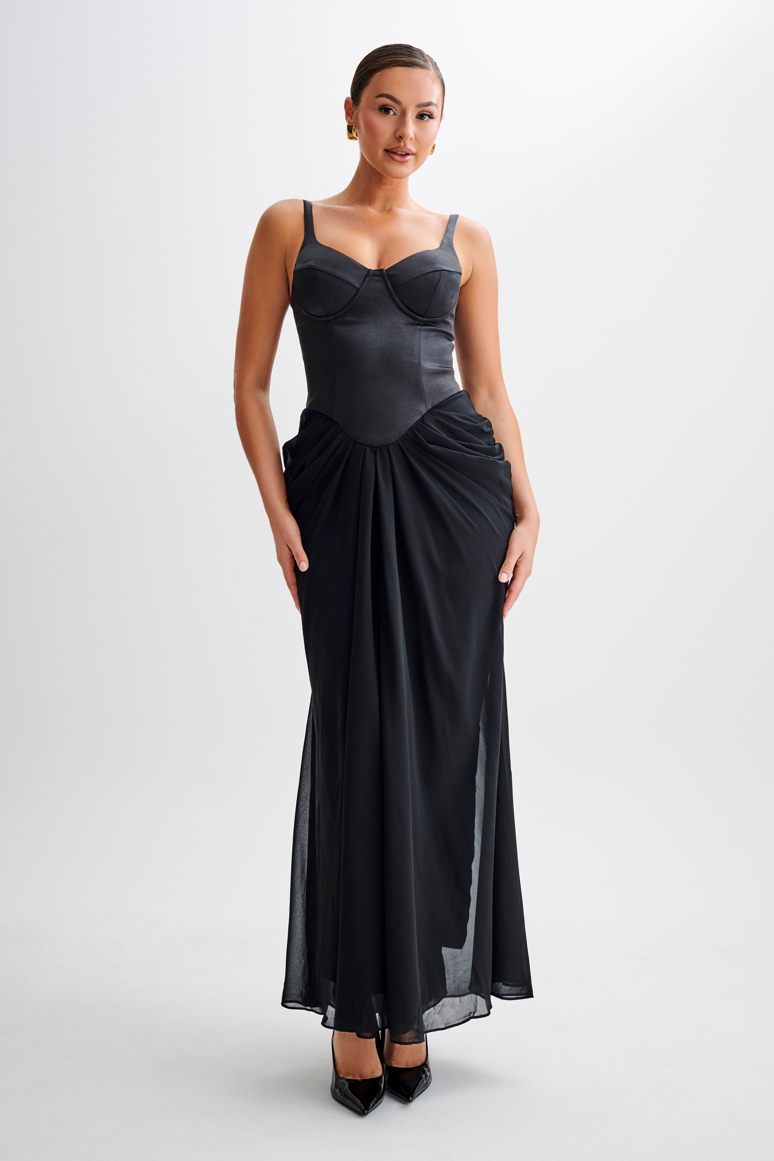 Satin Corset Maxi Dress with Bustier Bodice | Leila Black