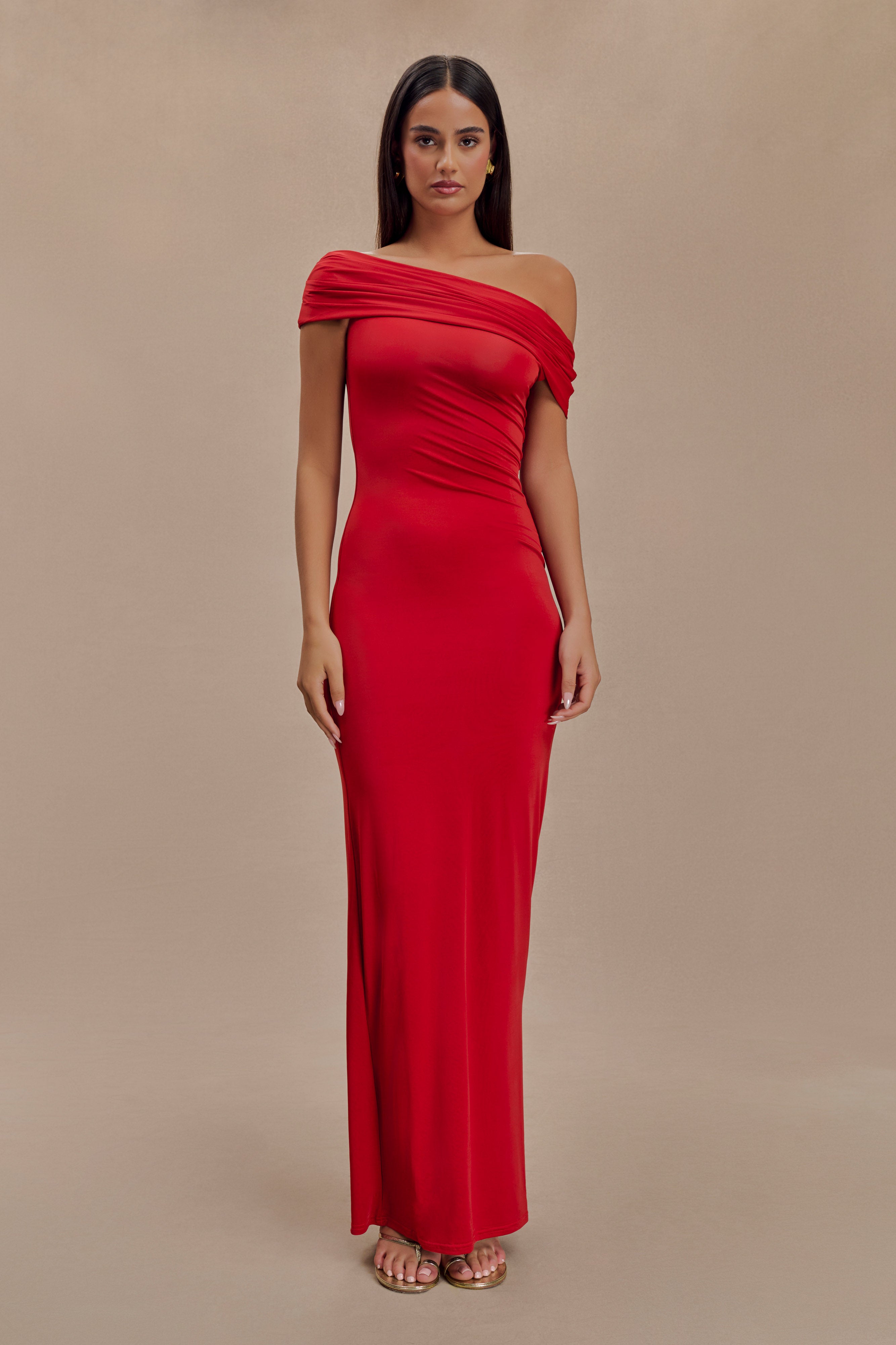 Off Shoulder Slinky Maxi Dress with Ruched Detail | Cassandra