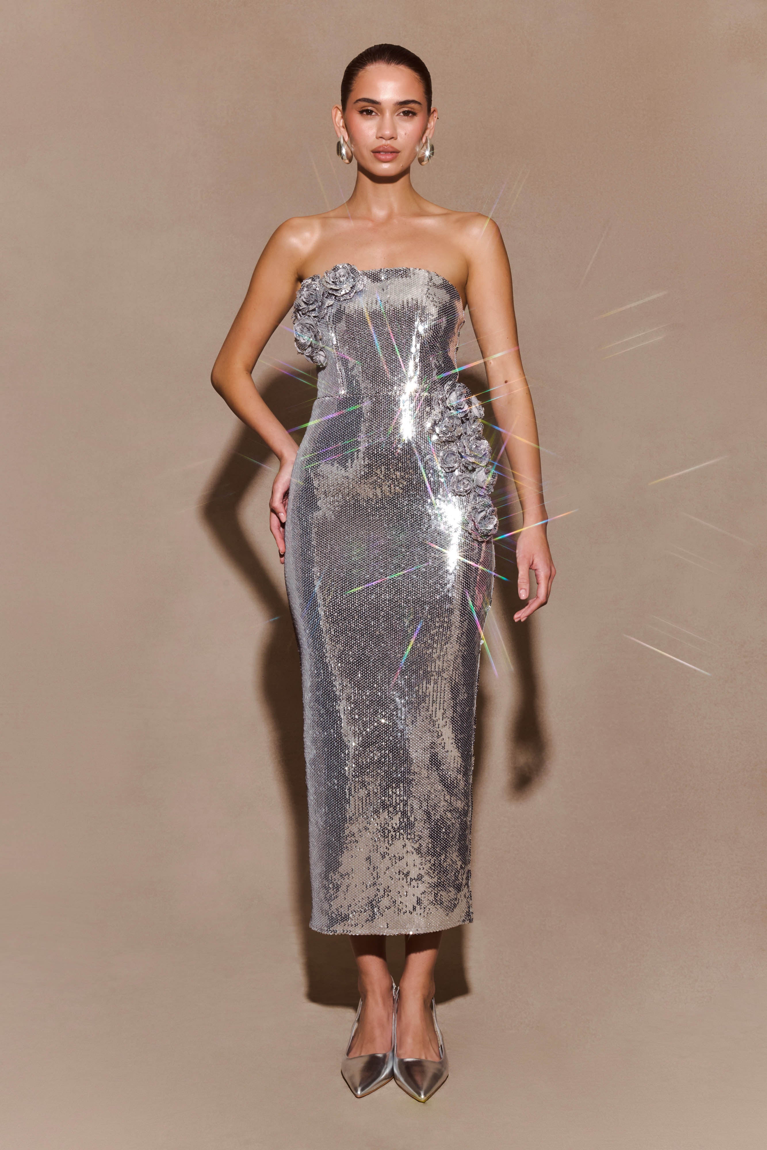 Strapless Sequin Rose Midi Dress for Special Occasions | Cassia
