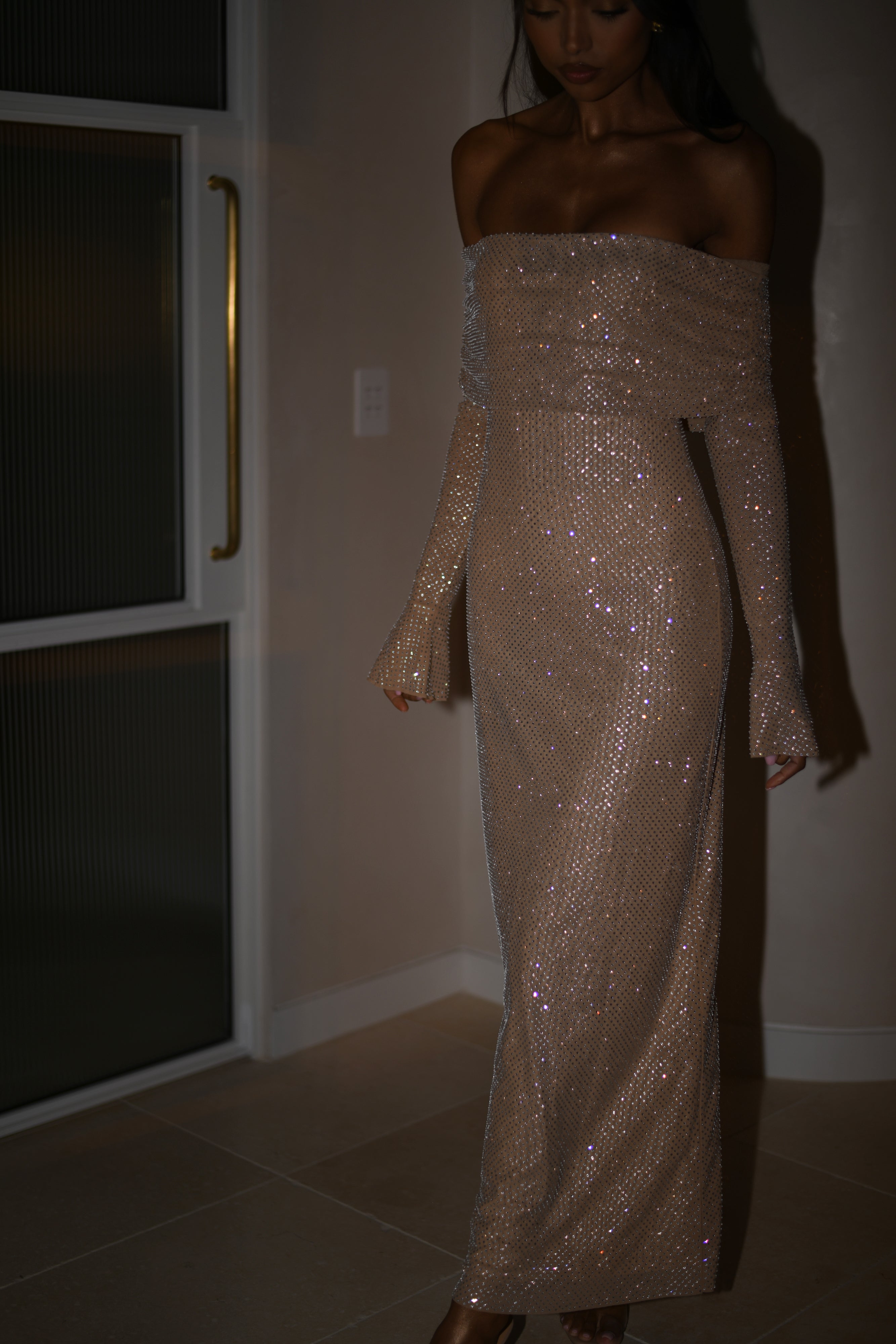 Off Shoulder Rhinestone Maxi Dress with Long Sleeves | Marcel