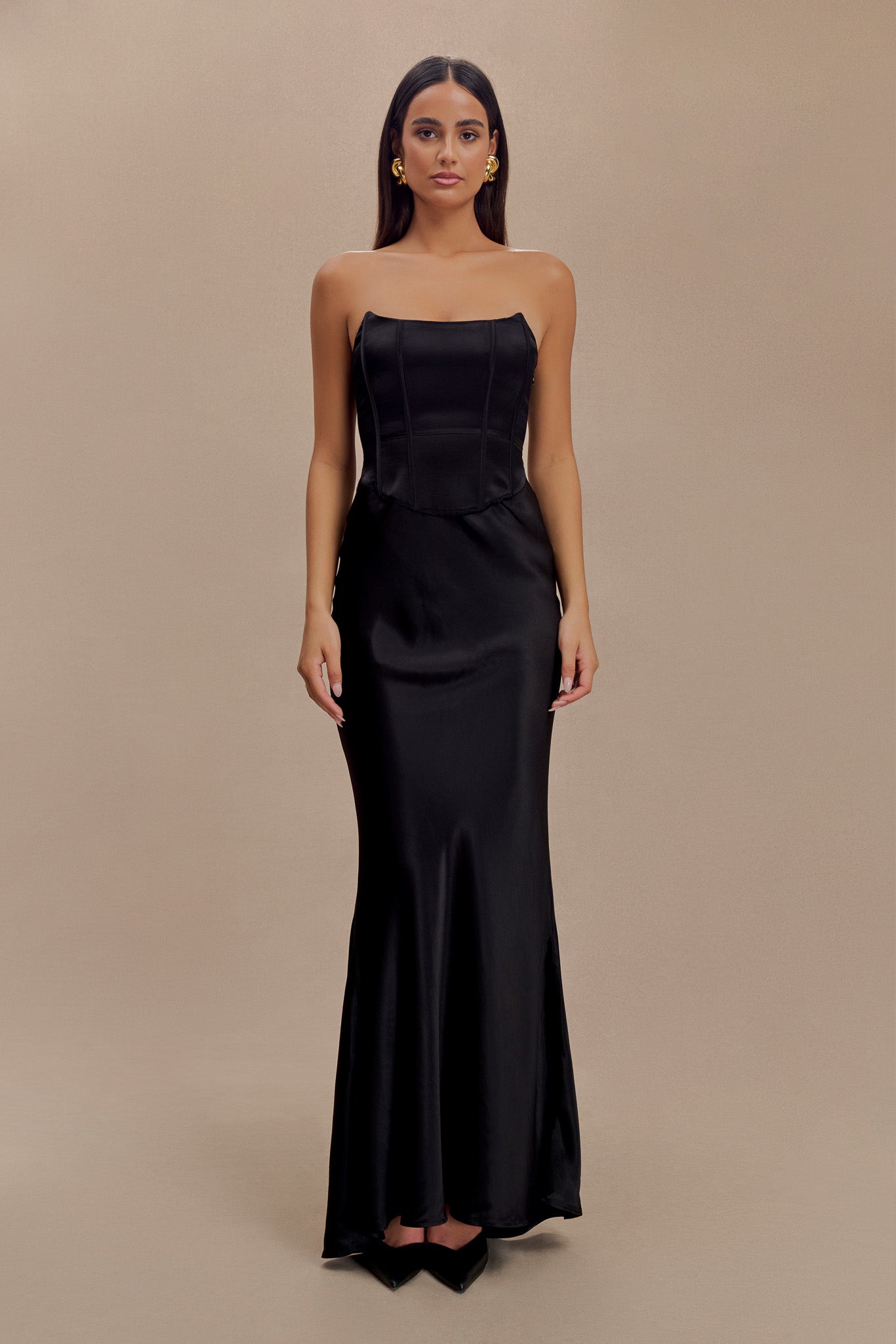 Strapless Satin Maxi Dress with Corset Bodice | Harlow Black