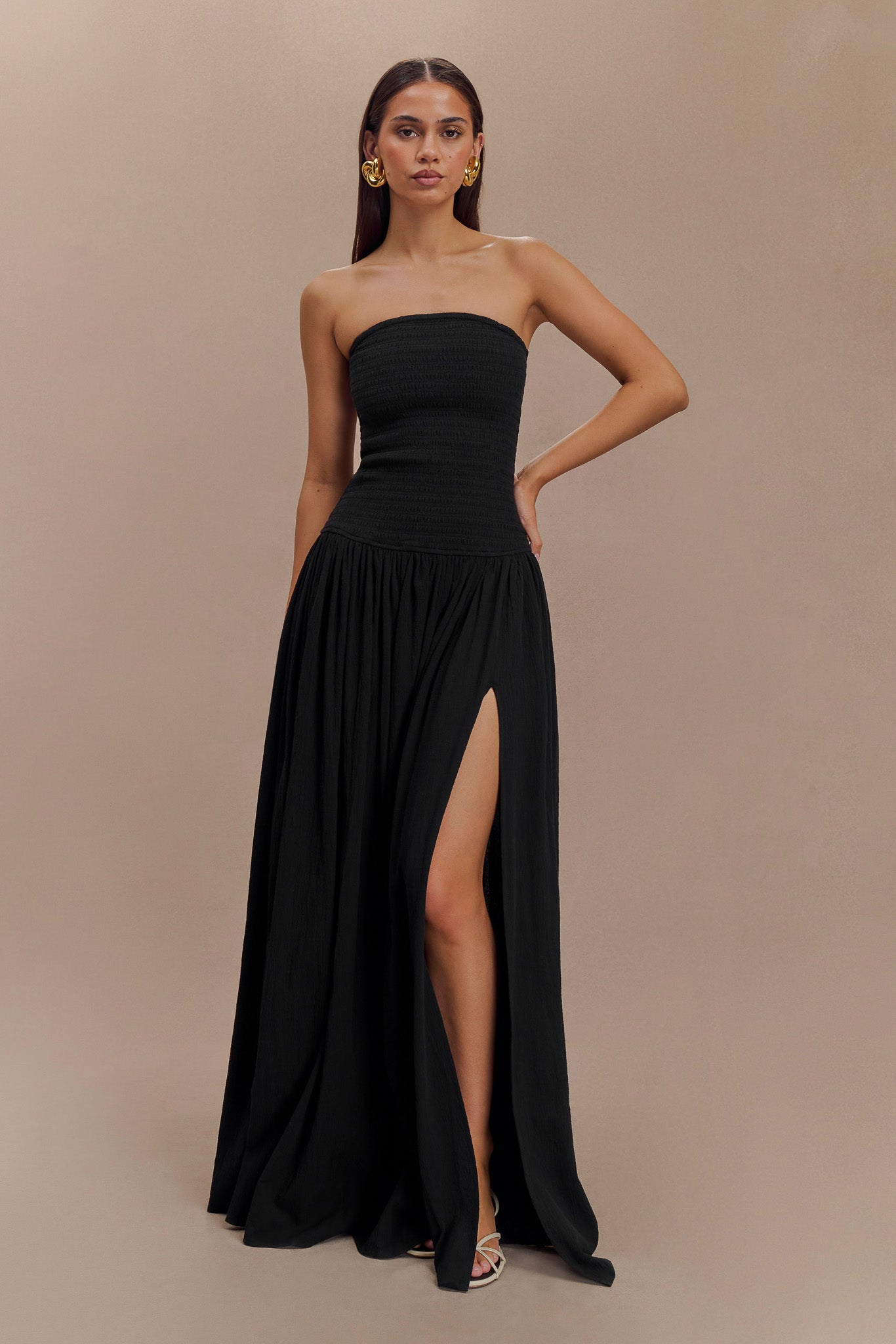 Strapless Cotton Shirring Maxi Dress with Leg Split | Maureen