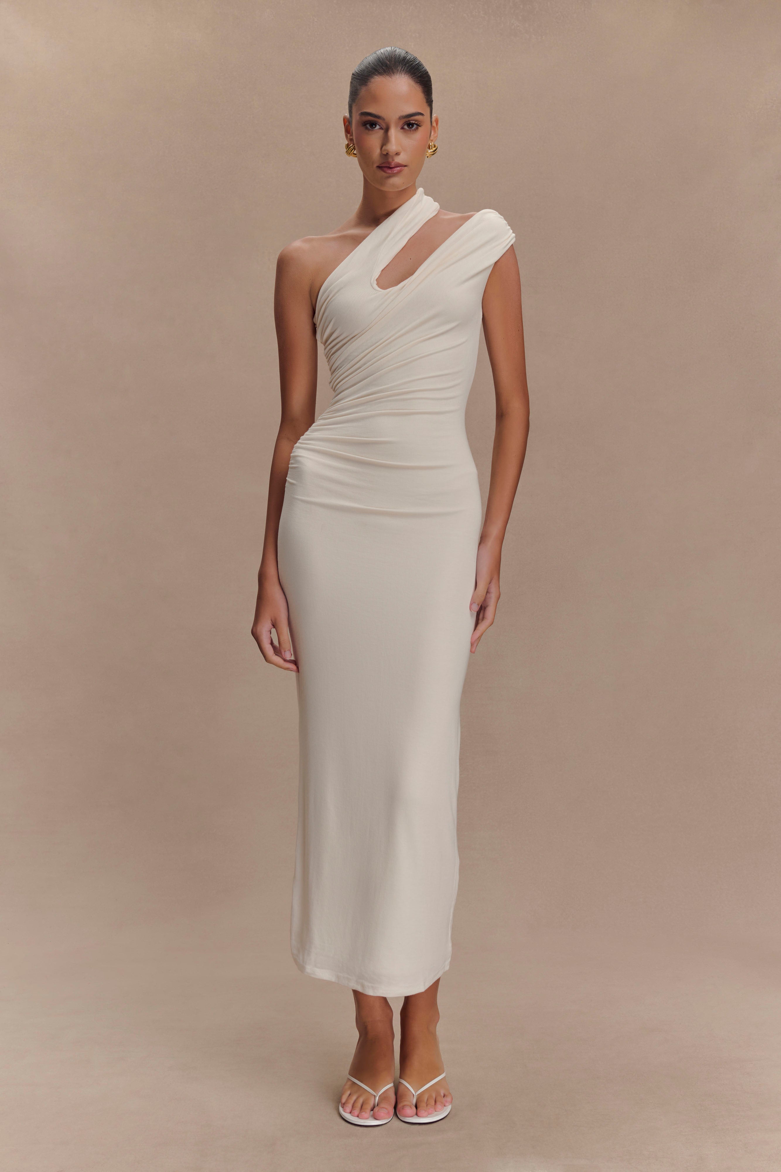 One Shoulder Modal Midi Dress with Ruching - Anastasia Ivory