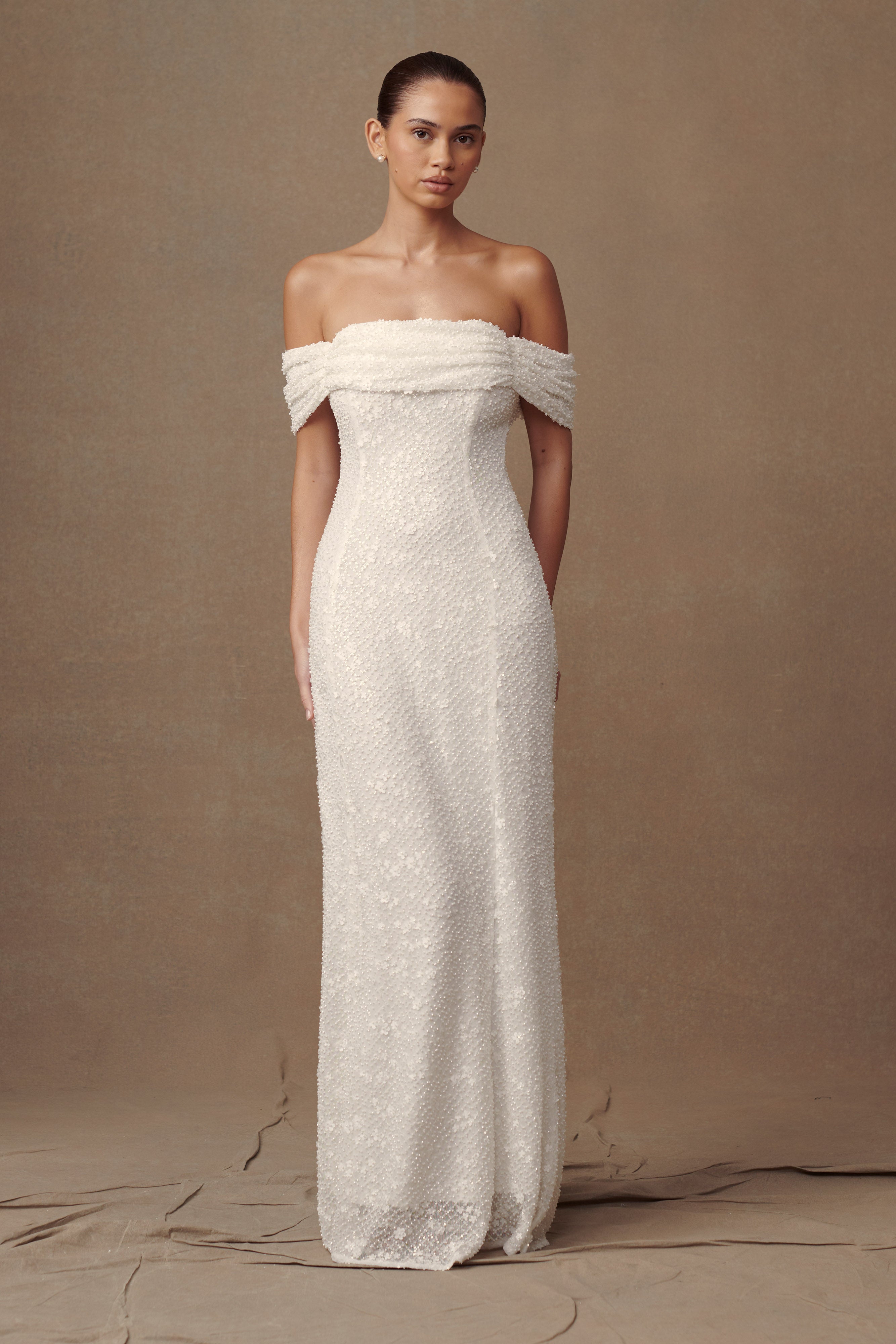 Beaded Off-Shoulder Wedding Gown with Bodycon Silhouette | Priyanka Daisy