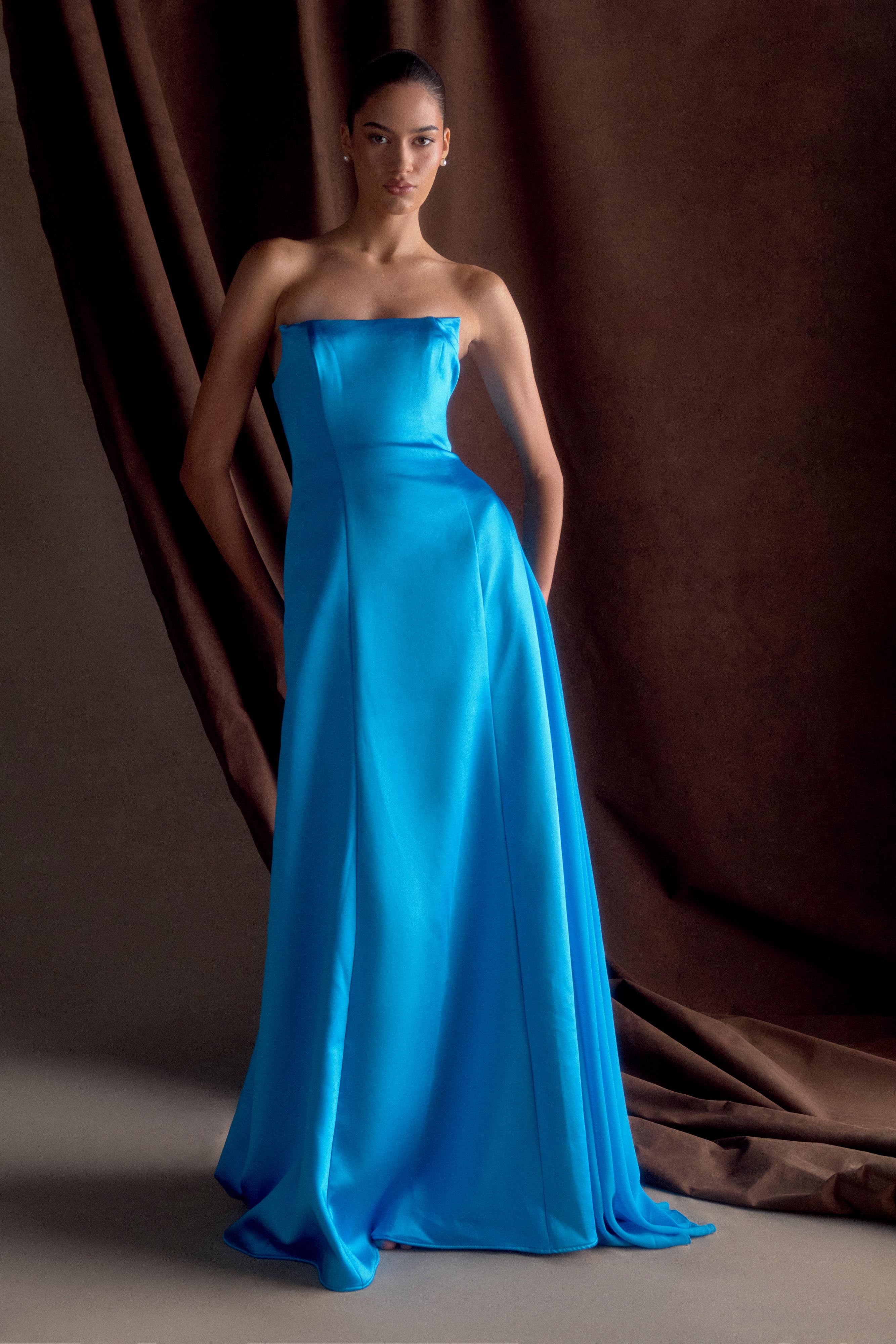 Strapless Satin Maxi Dress for Weddings & Events | Rosella Cyan Blue